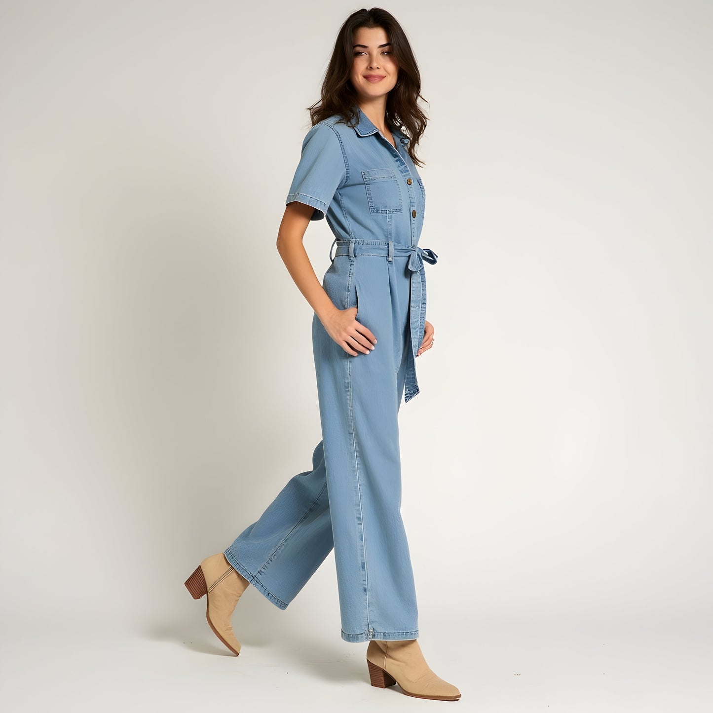 Denim Jumpsuit with Short Sleeves, Waist Tie Belt and Patch Pockets