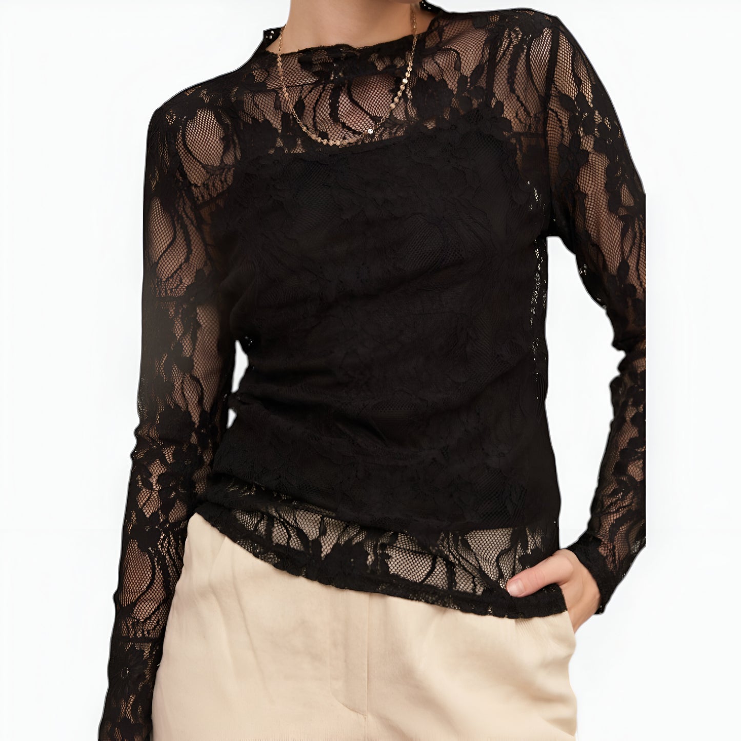 Sheer Lace Top with Long Sleeves, High Neckline and Scalloped Trim