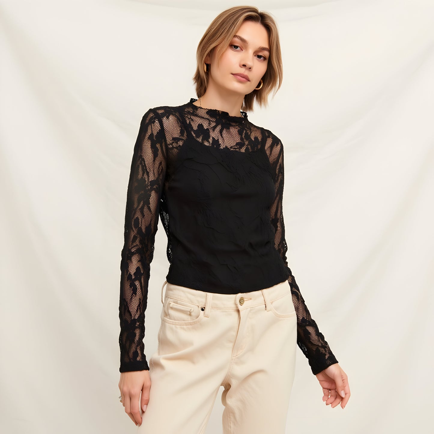 Sheer Lace Top with Long Sleeves, High Neckline and Scalloped Trim
