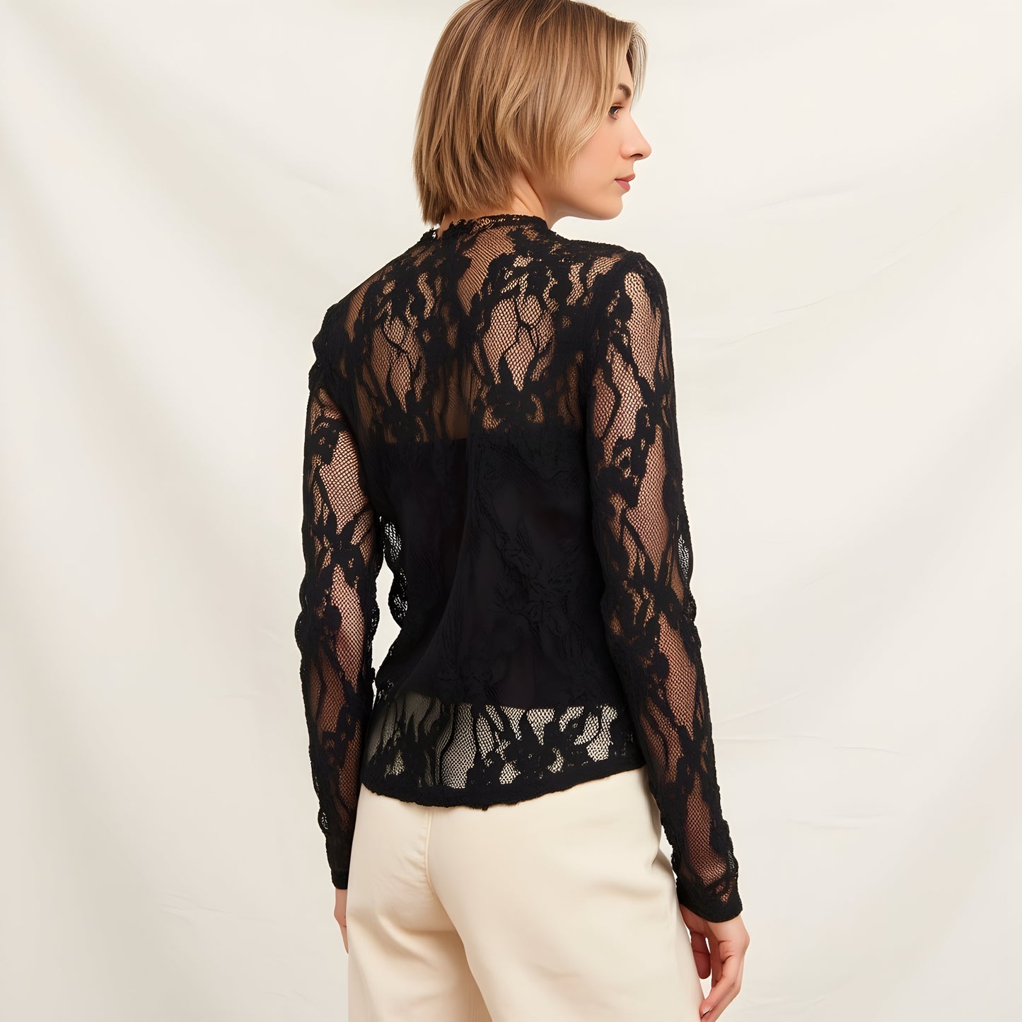 Sheer Lace Top with Long Sleeves, High Neckline and Scalloped Trim