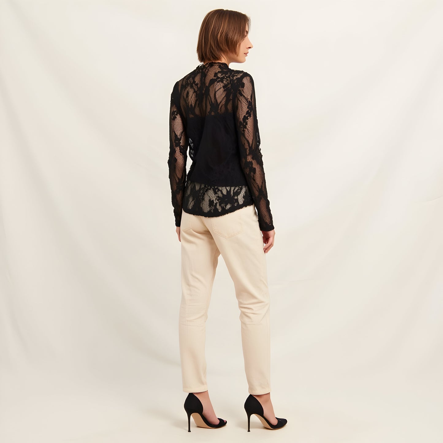 Sheer Lace Top with Long Sleeves, High Neckline and Scalloped Trim