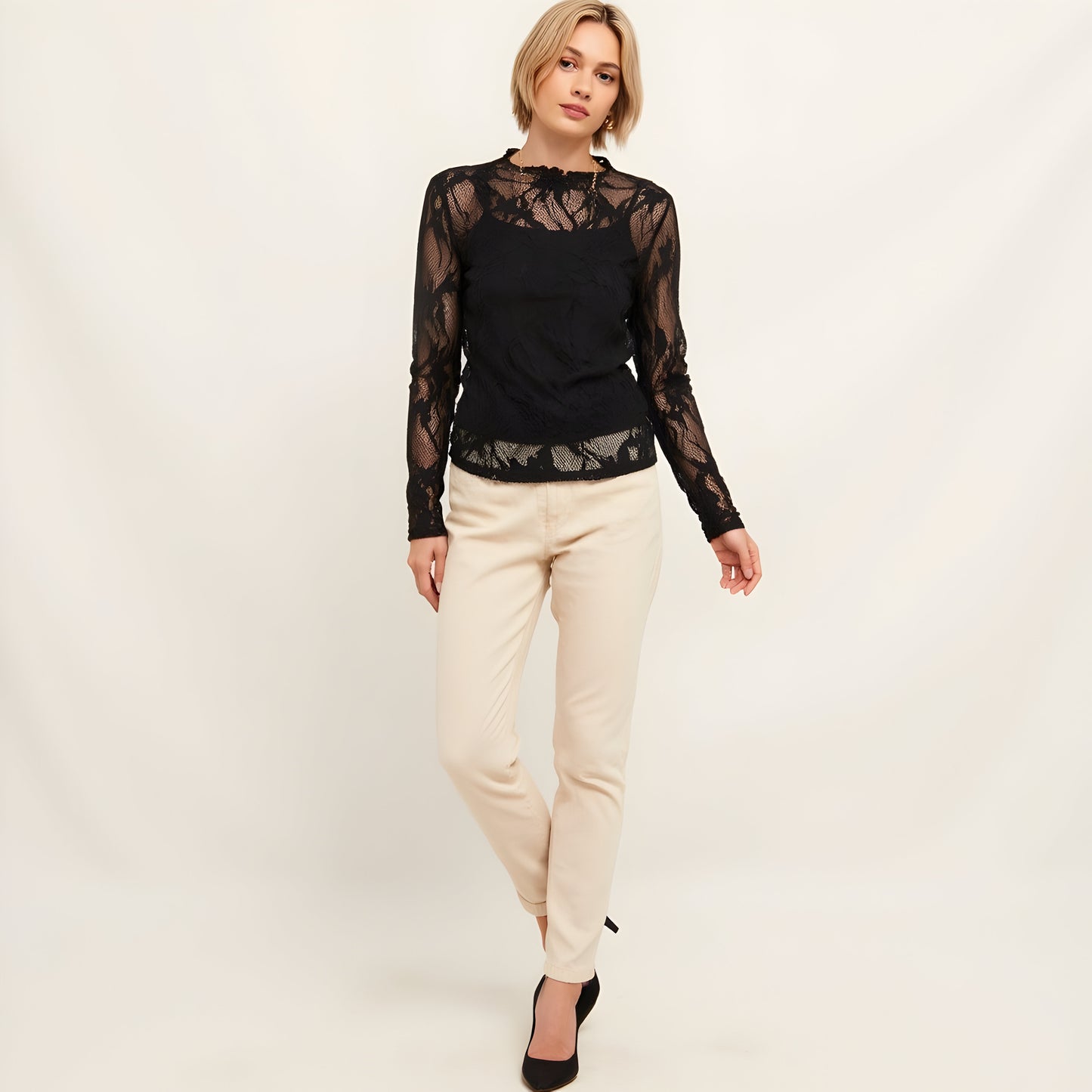 Sheer Lace Top with Long Sleeves, High Neckline and Scalloped Trim