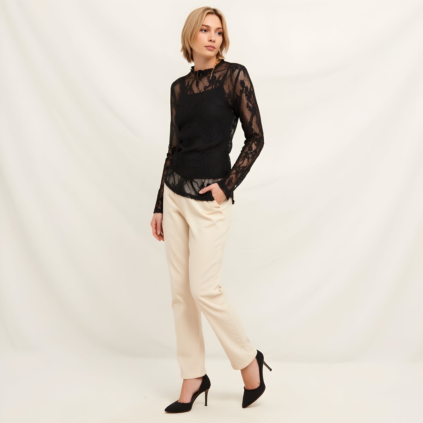 Sheer Lace Top with Long Sleeves, High Neckline and Scalloped Trim