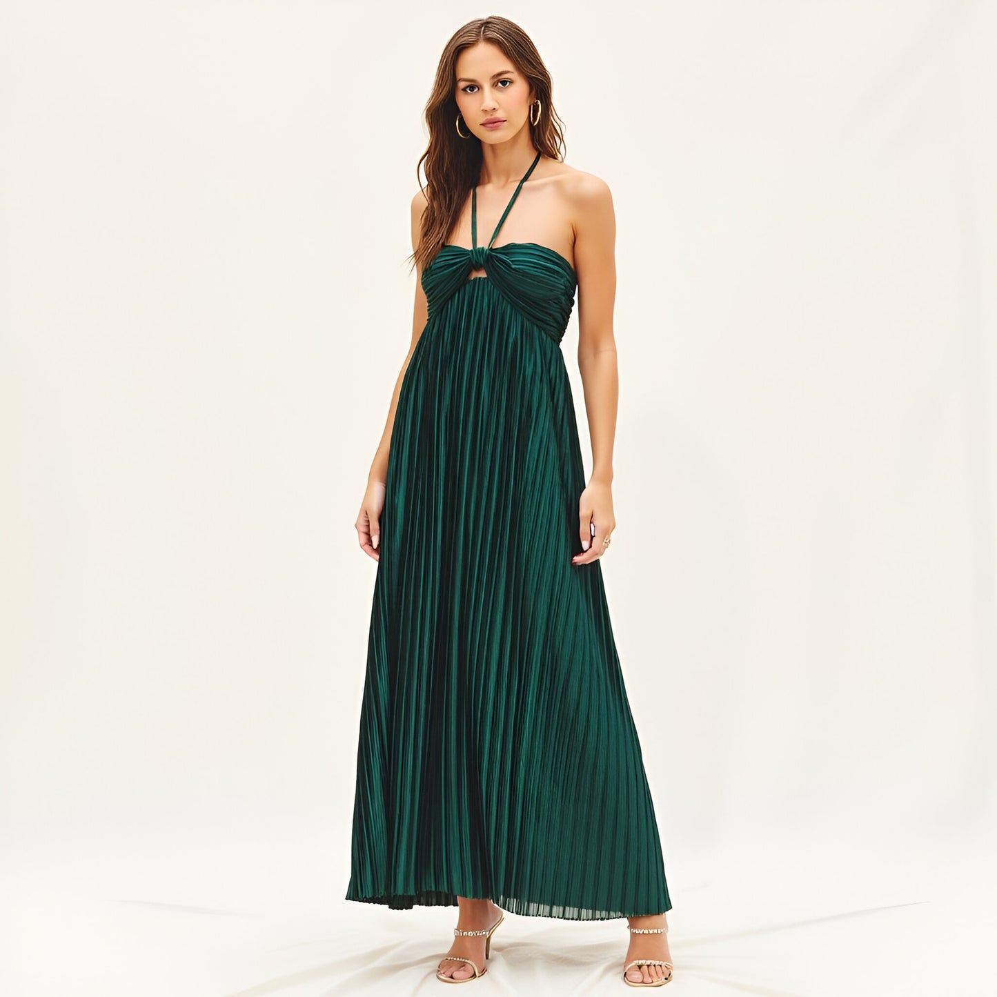 Pleated Halter Maxi Dress with Twist Front and Keyhole Detail