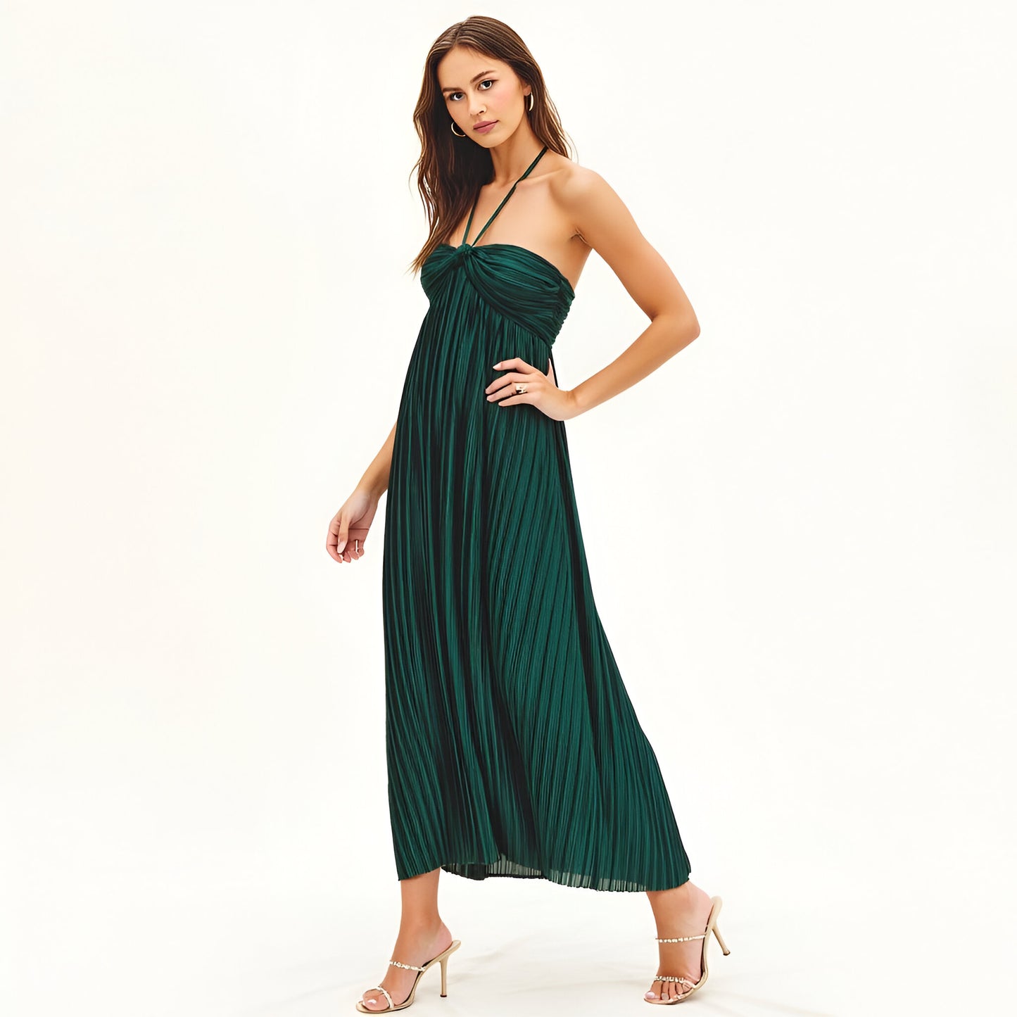 Pleated Halter Maxi Dress with Twist Front and Keyhole Detail