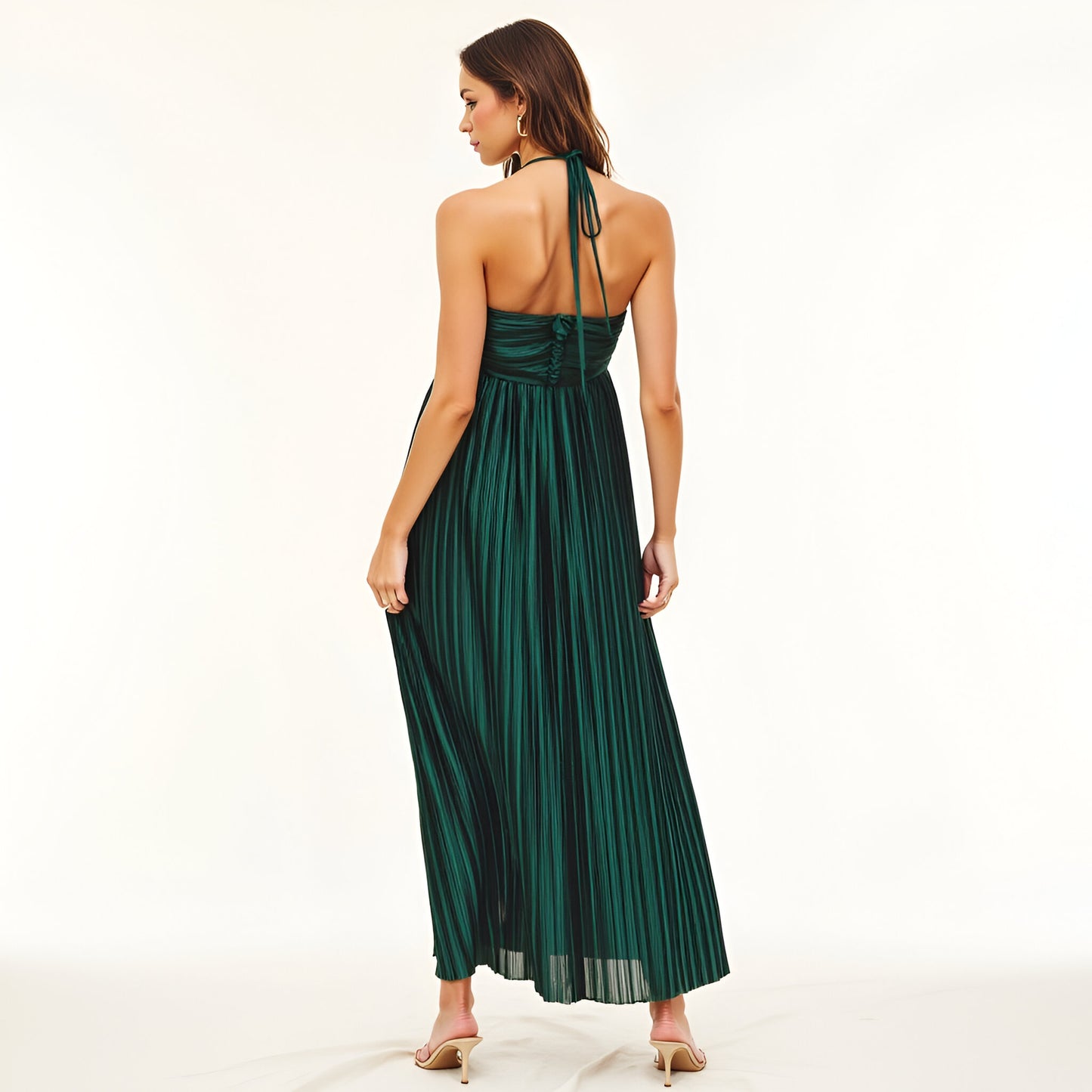 Pleated Halter Maxi Dress with Twist Front and Keyhole Detail