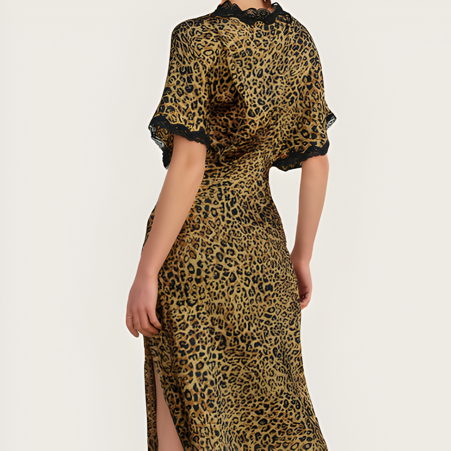 Leopard Print Maxi Dress with Lace Trim V-Neck, Relaxed Sleeves, and Side Slit Hem