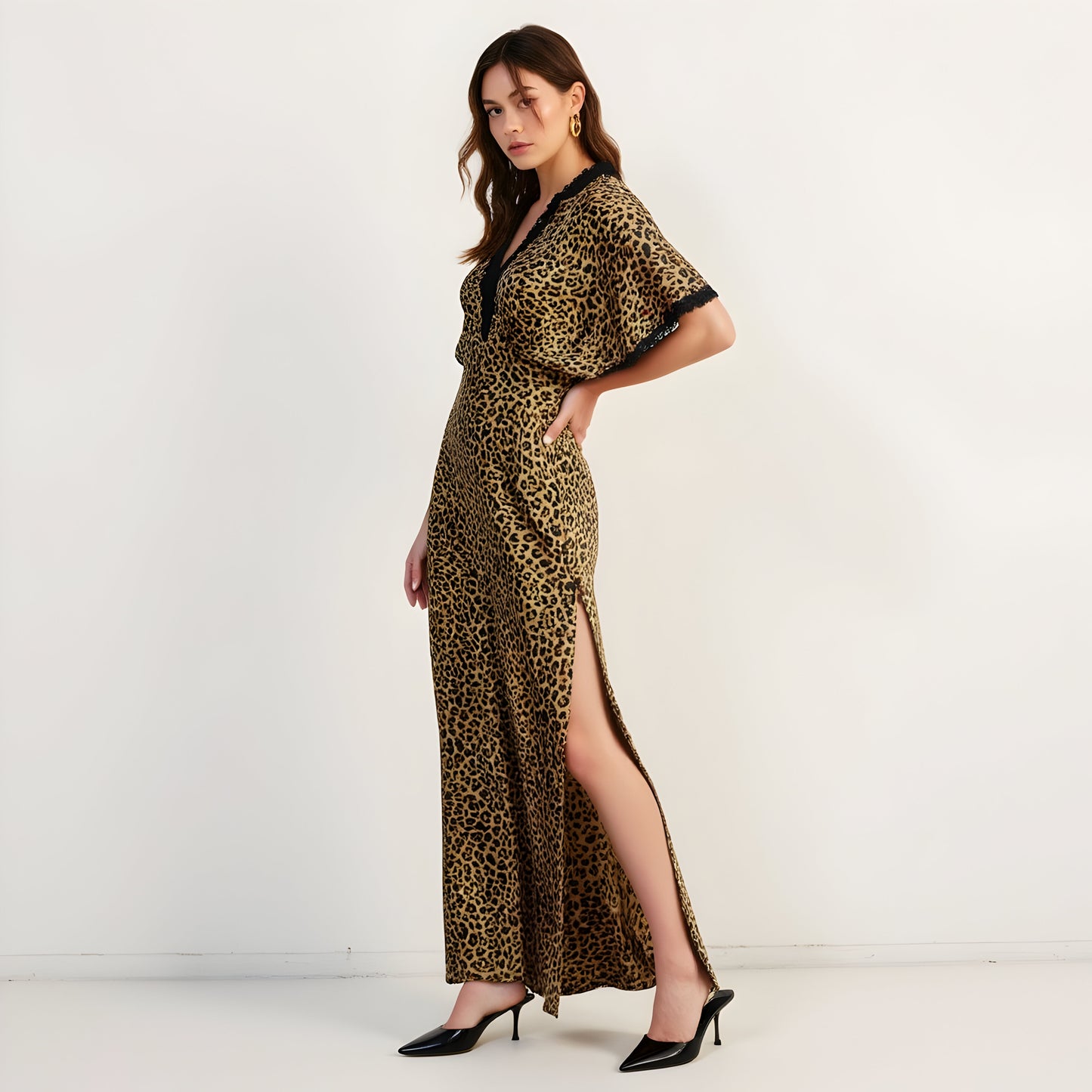 Leopard Print Maxi Dress with Lace Trim V-Neck, Relaxed Sleeves, and Side Slit Hem