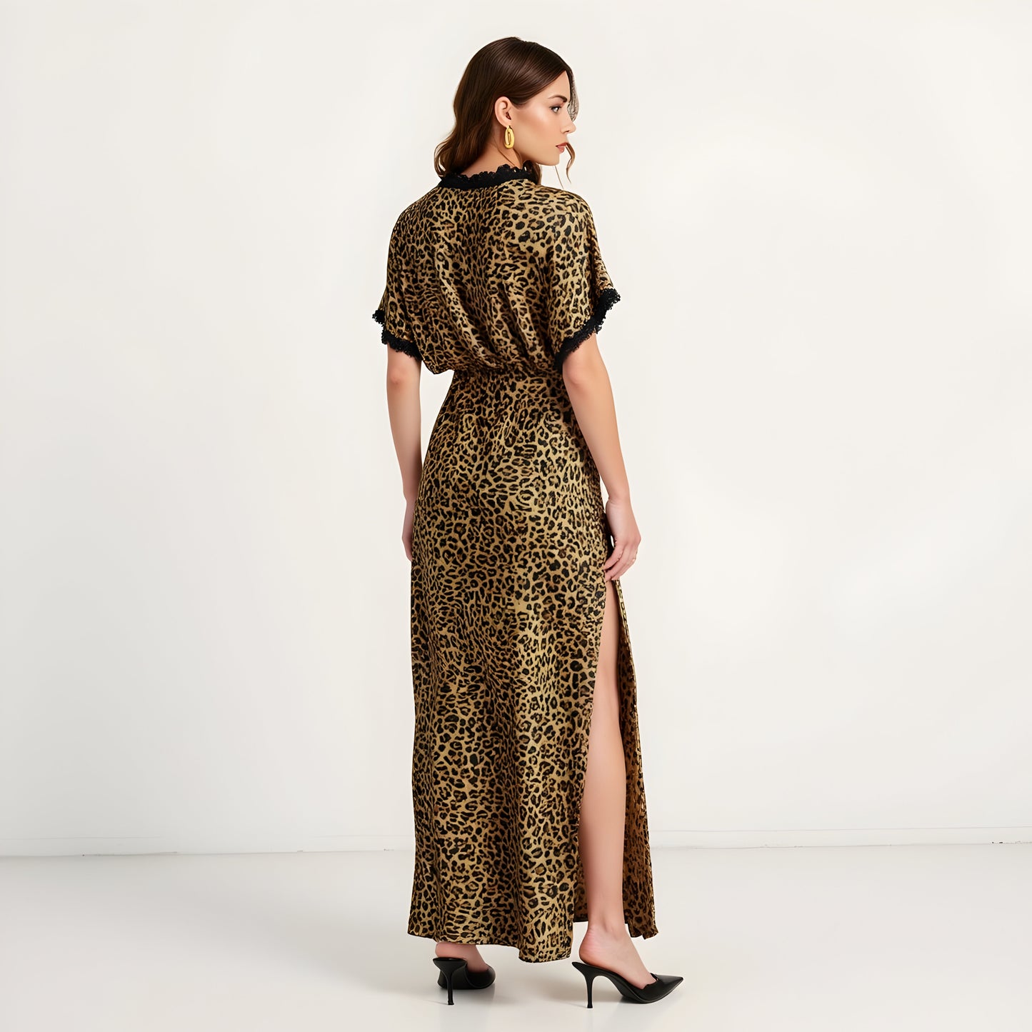 Leopard Print Maxi Dress with Lace Trim V-Neck, Relaxed Sleeves, and Side Slit Hem