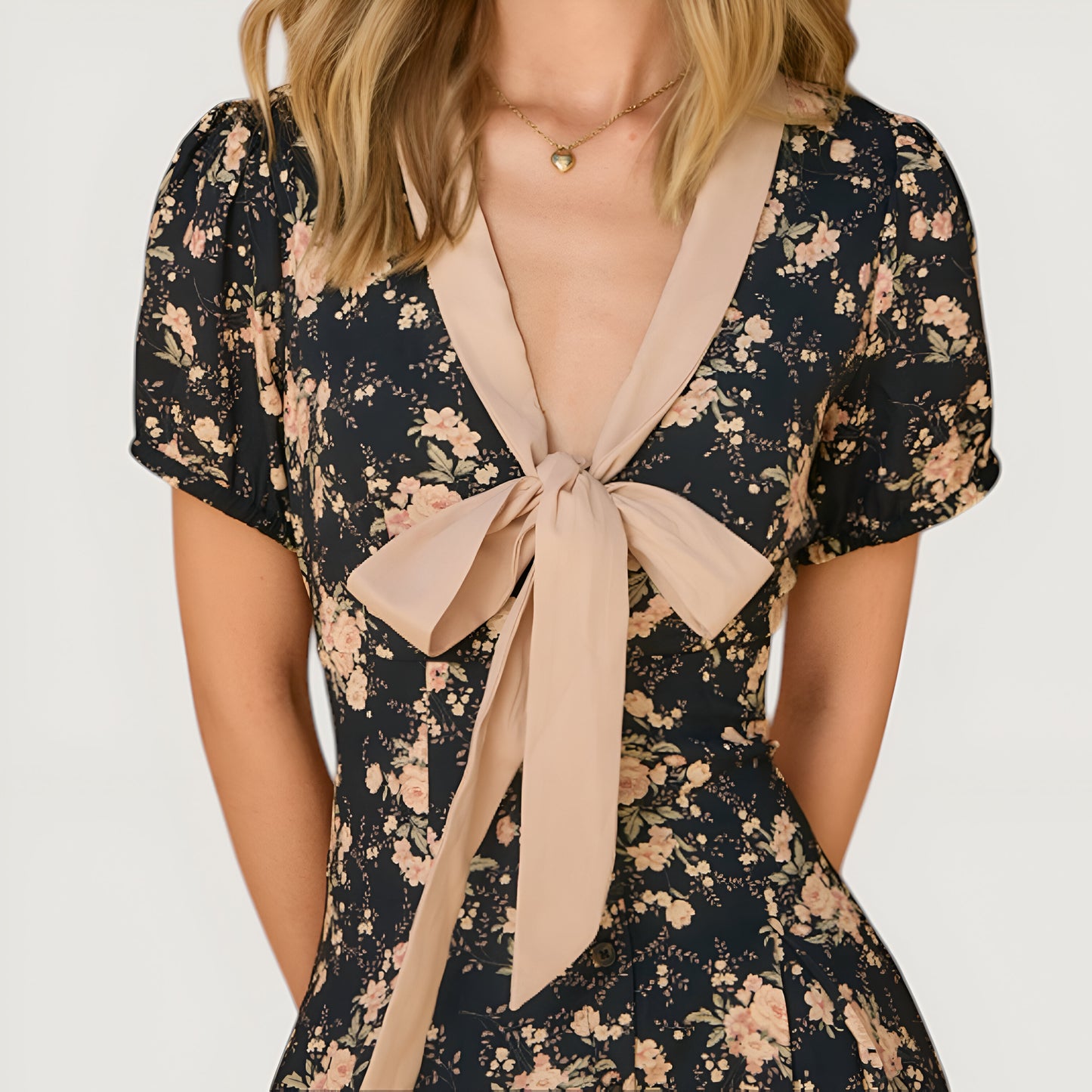 Floral Midi Dress with Contrast Bow Tie Neck and Front Button Detail