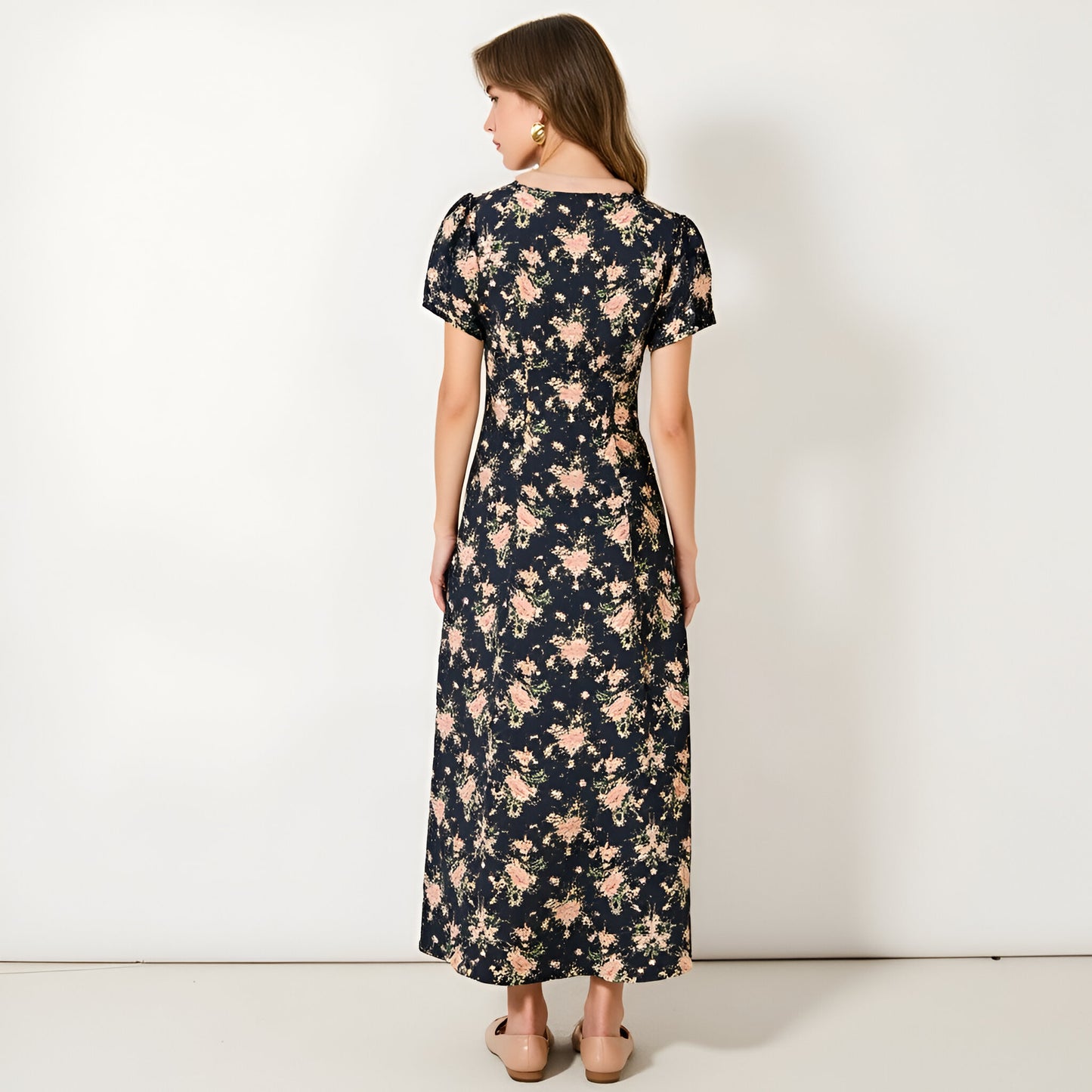 Floral Midi Dress with Contrast Bow Tie Neck and Front Button Detail