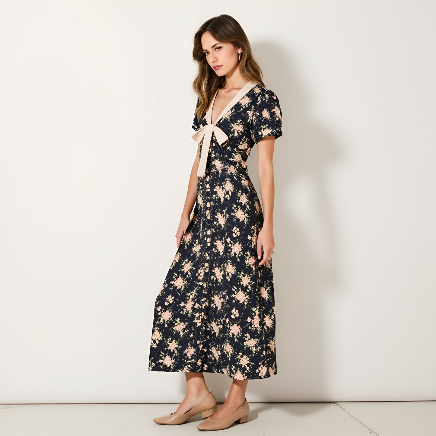 Floral Midi Dress with Contrast Bow Tie Neck and Front Button Detail