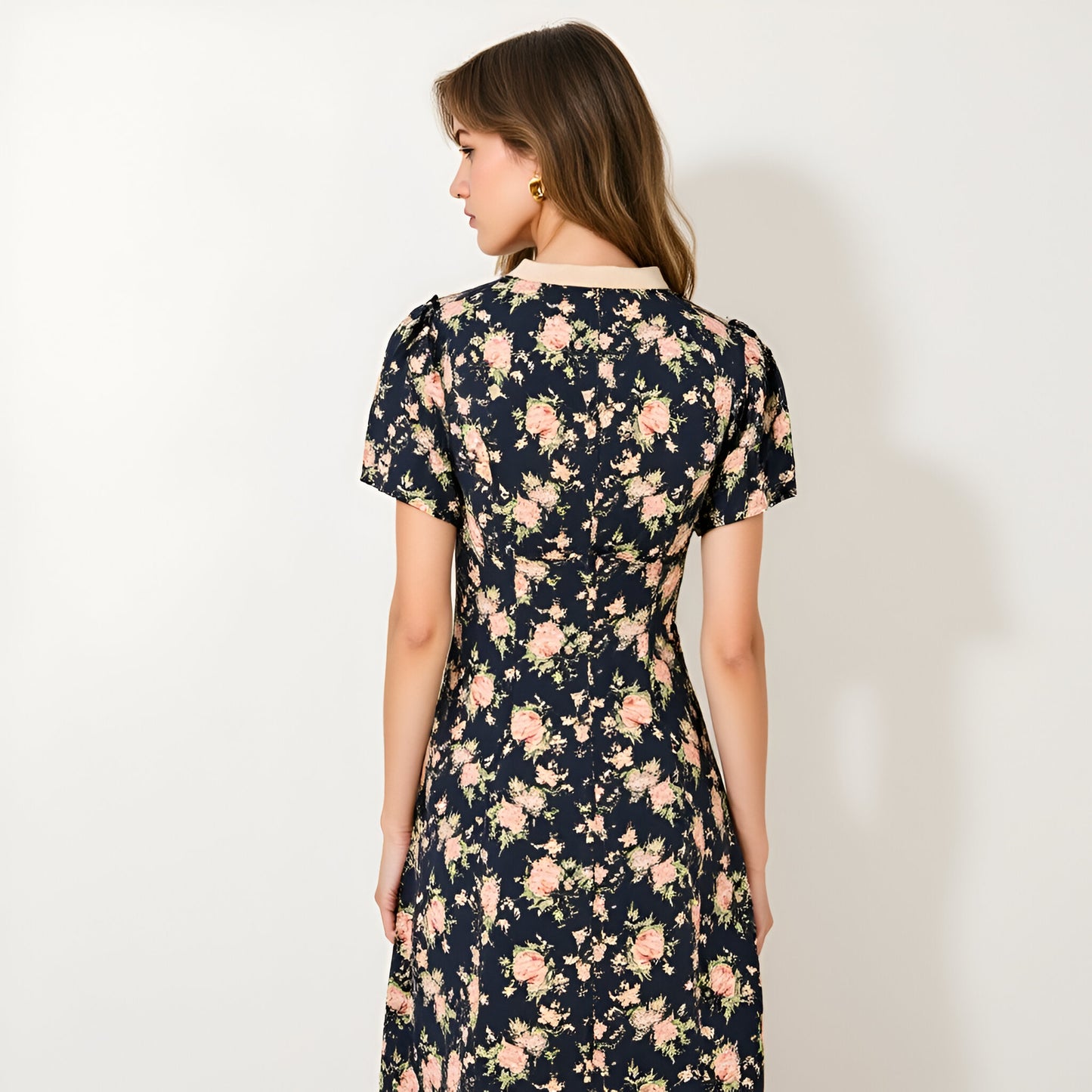 Floral Midi Dress with Contrast Bow Tie Neck and Front Button Detail
