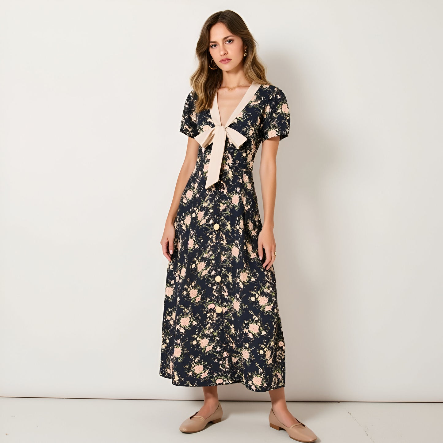 Floral Midi Dress with Contrast Bow Tie Neck and Front Button Detail