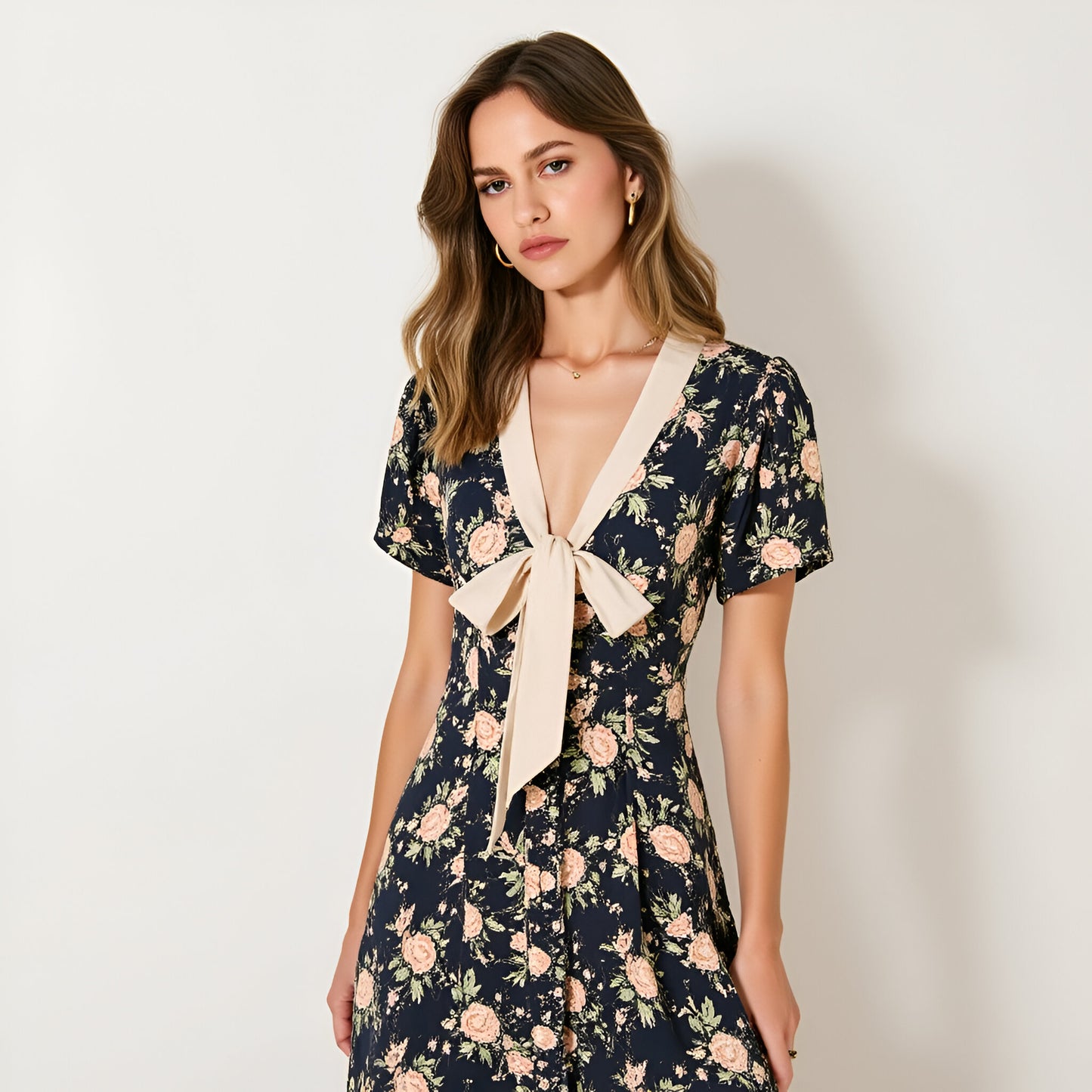 Floral Midi Dress with Contrast Bow Tie Neck and Front Button Detail