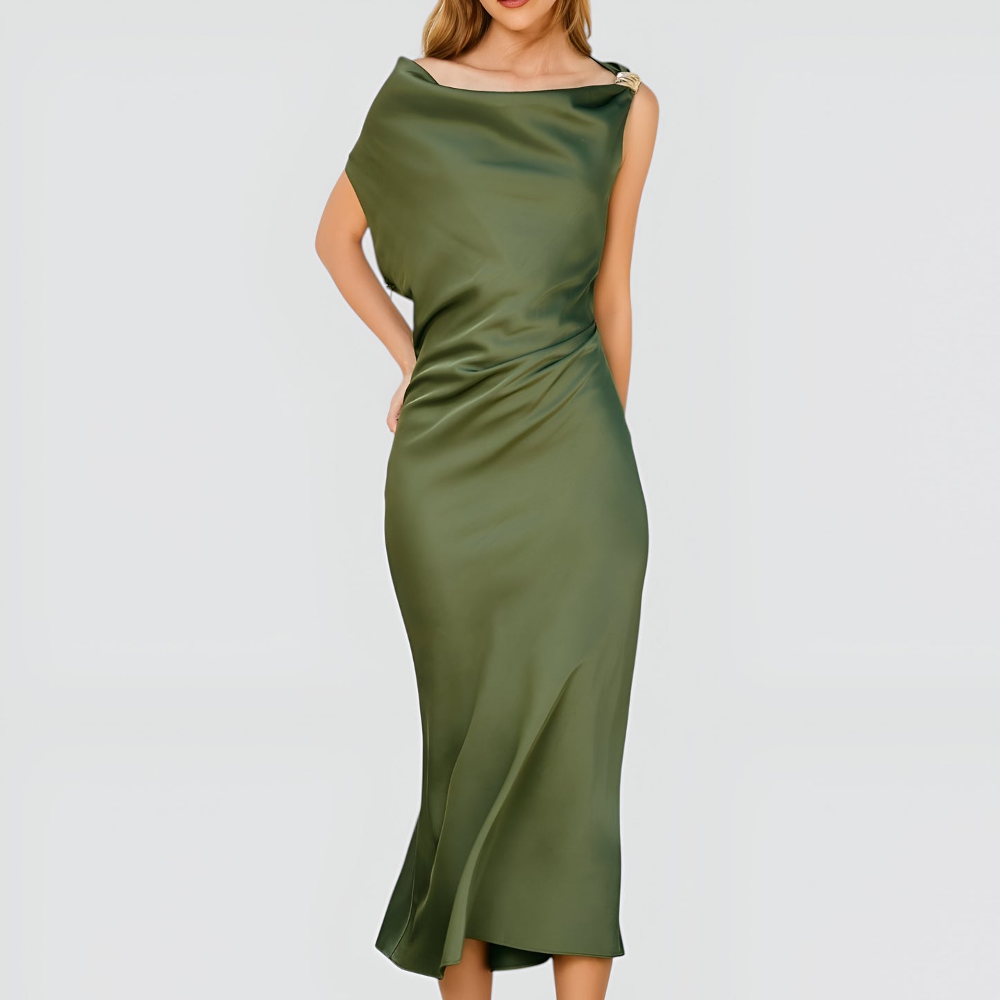 Asymmetric Draped Satin Midi Dress with Shoulder Strap Detail