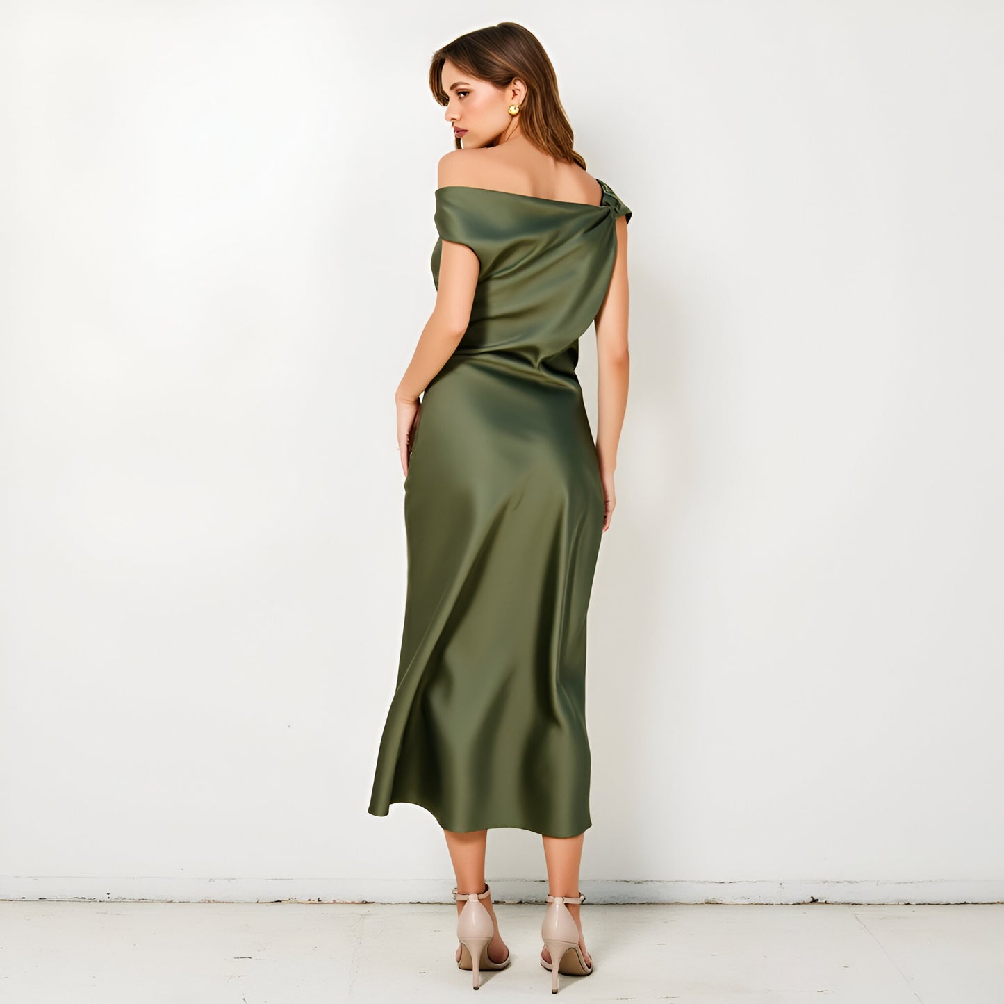 Asymmetric Draped Satin Midi Dress with Shoulder Strap Detail