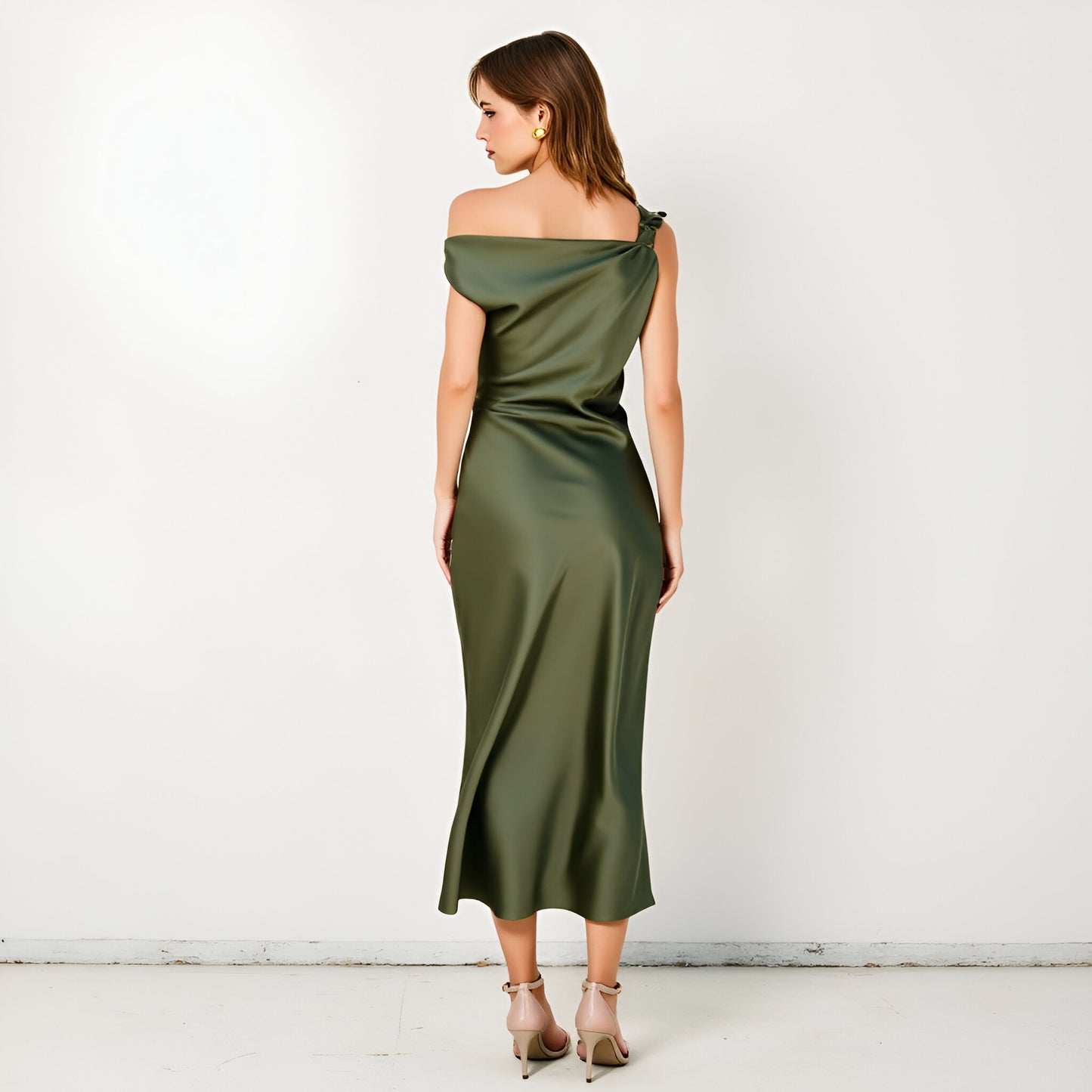 Asymmetric Draped Satin Midi Dress with Shoulder Strap Detail