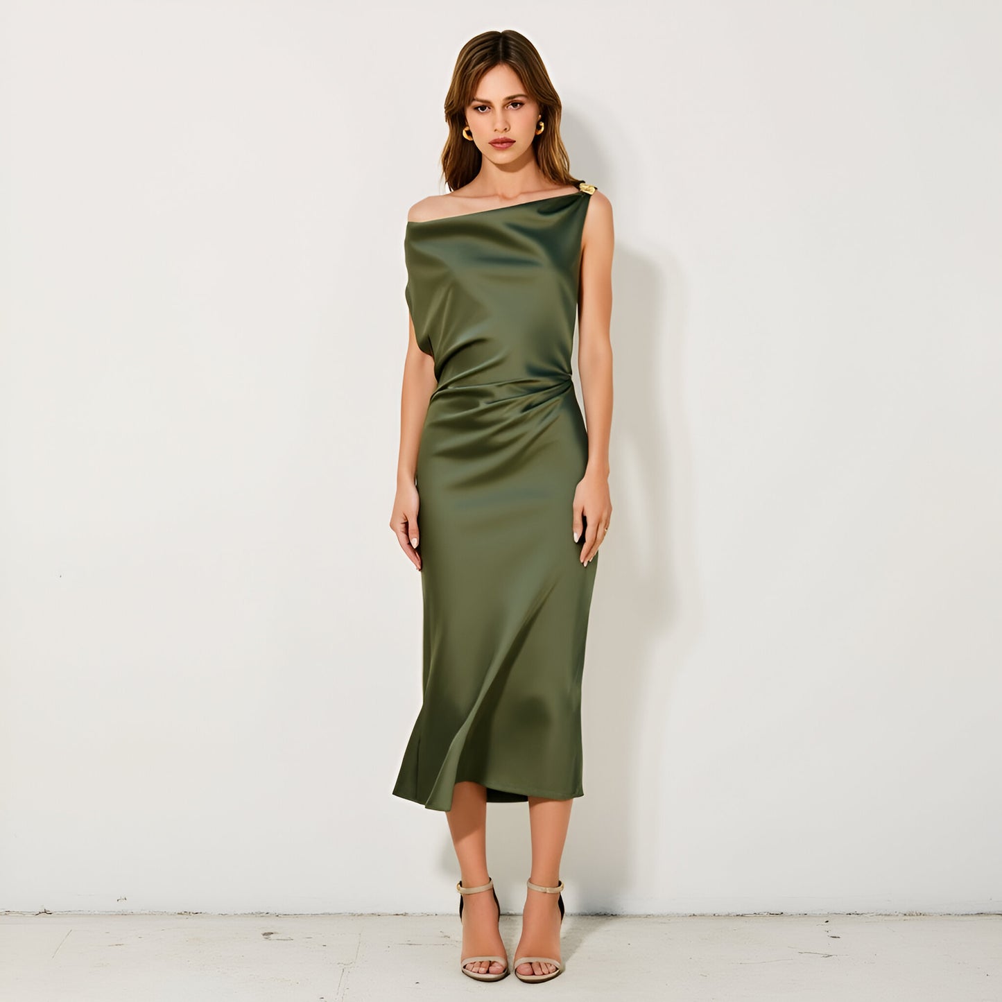 Asymmetric Draped Satin Midi Dress with Shoulder Strap Detail