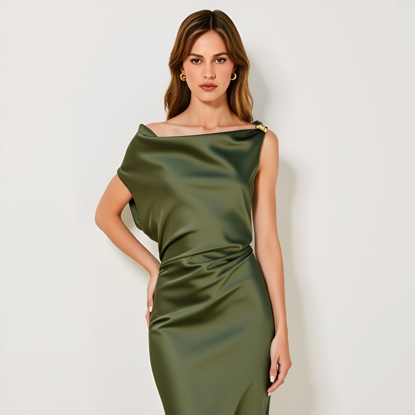 Asymmetric Draped Satin Midi Dress with Shoulder Strap Detail