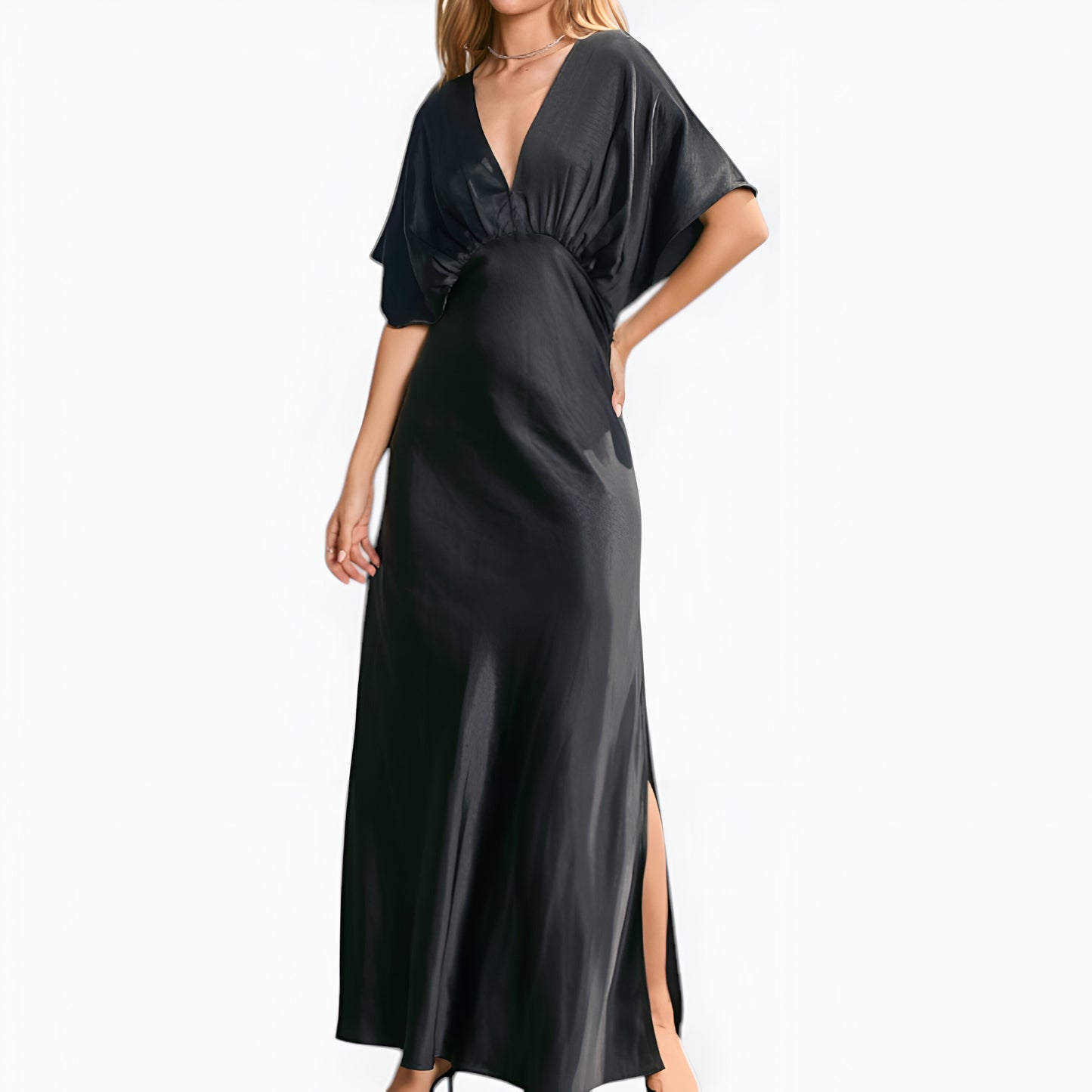 V-Neck Maxi Dress with Gathered Empire Waist and Flutter Sleeves