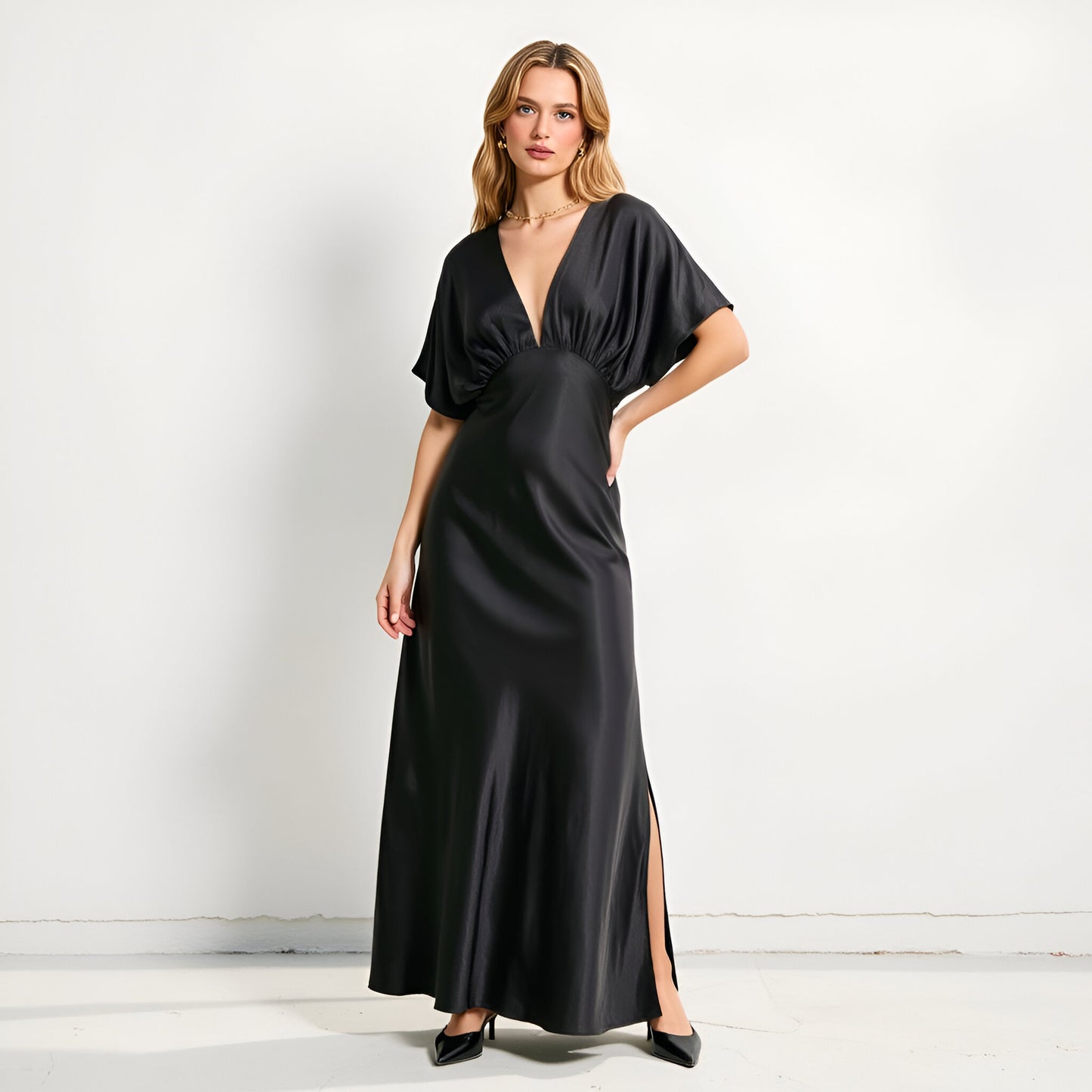 V-Neck Maxi Dress with Gathered Empire Waist and Flutter Sleeves