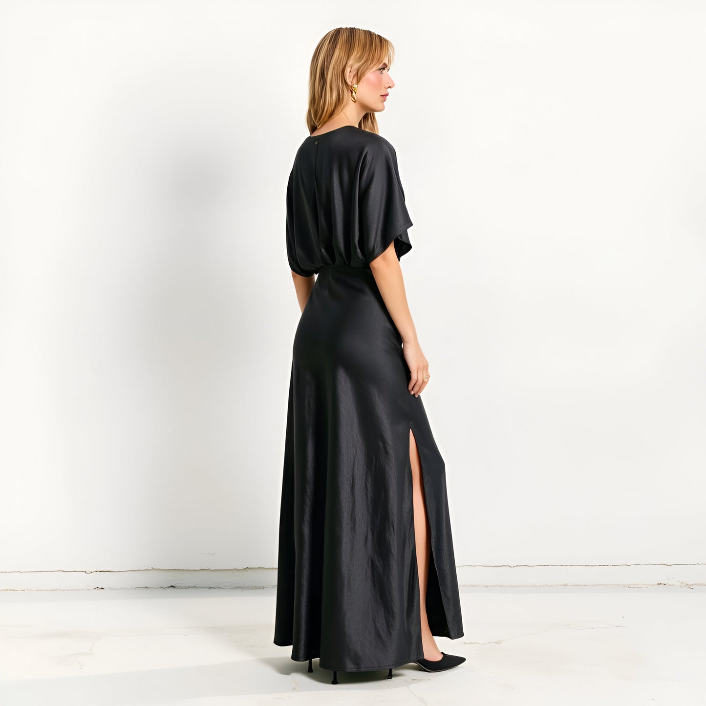 V-Neck Maxi Dress with Gathered Empire Waist and Flutter Sleeves