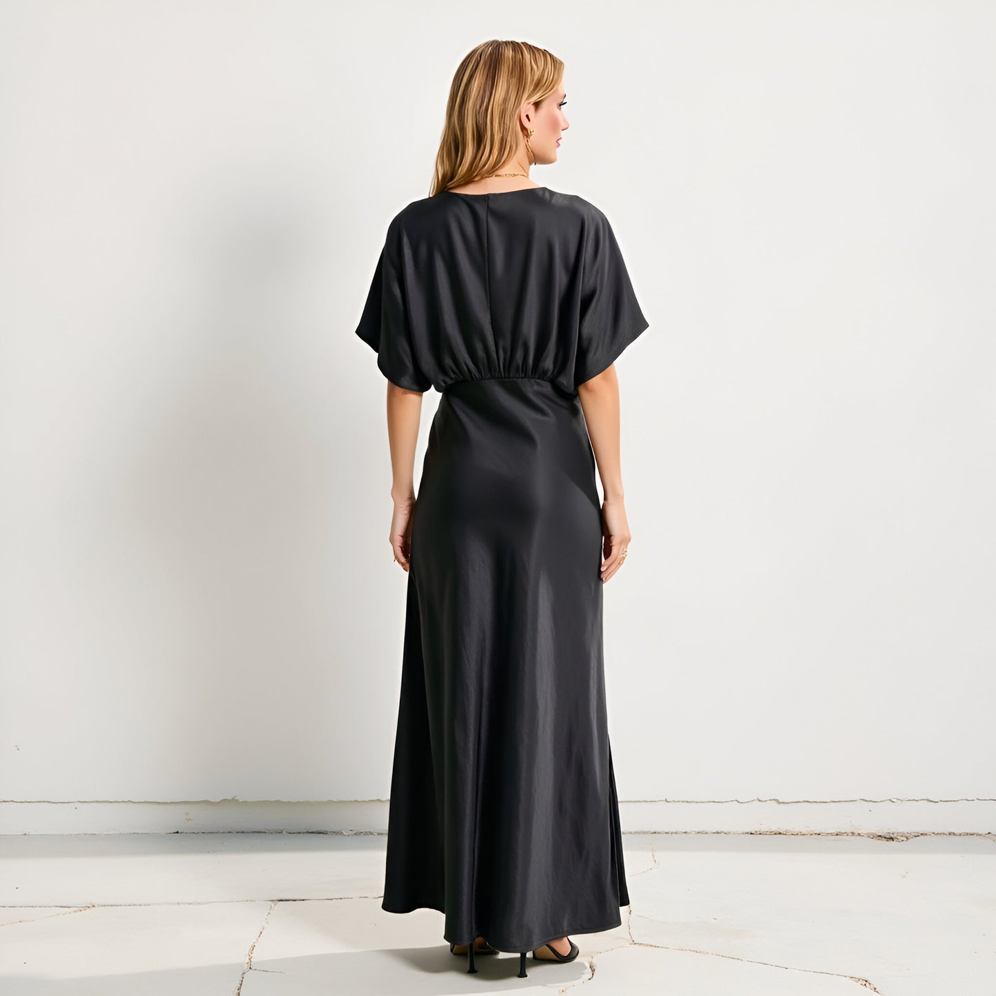 V-Neck Maxi Dress with Gathered Empire Waist and Flutter Sleeves
