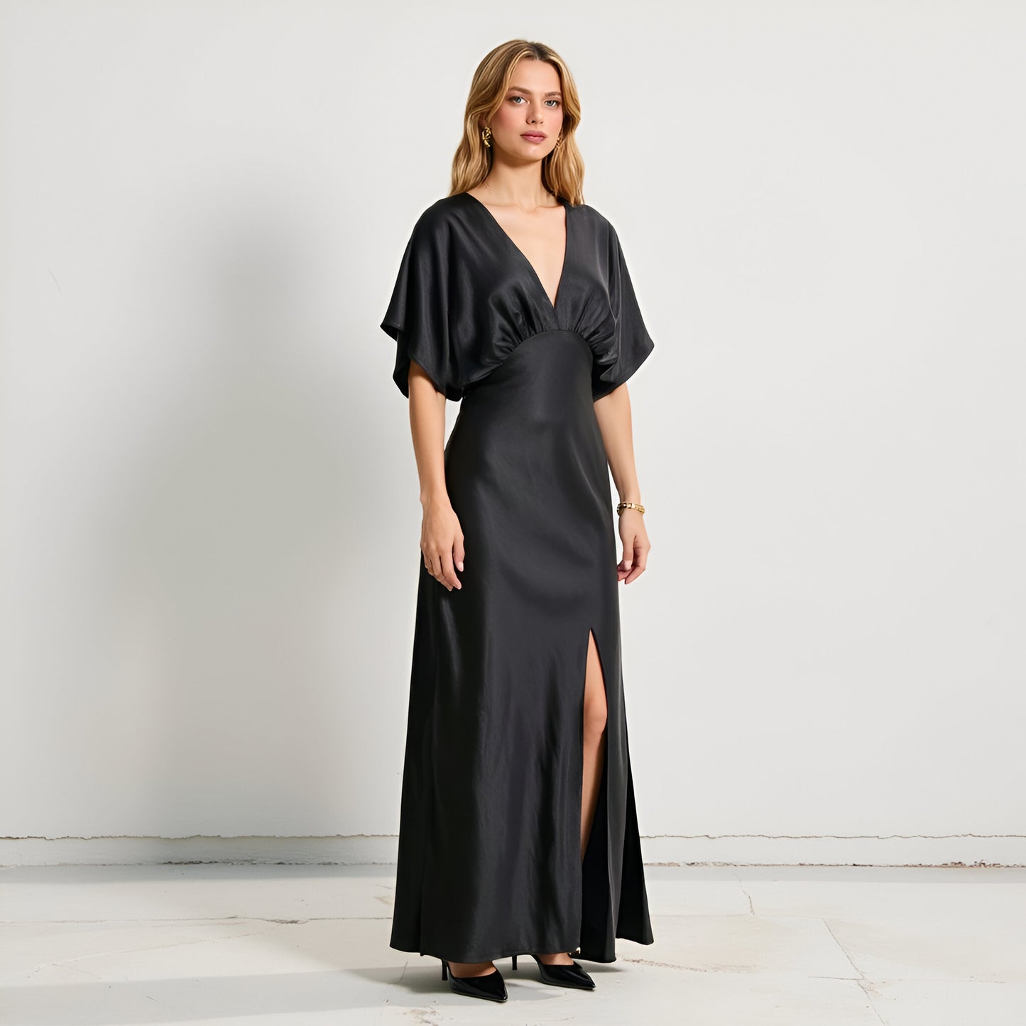 V-Neck Maxi Dress with Gathered Empire Waist and Flutter Sleeves