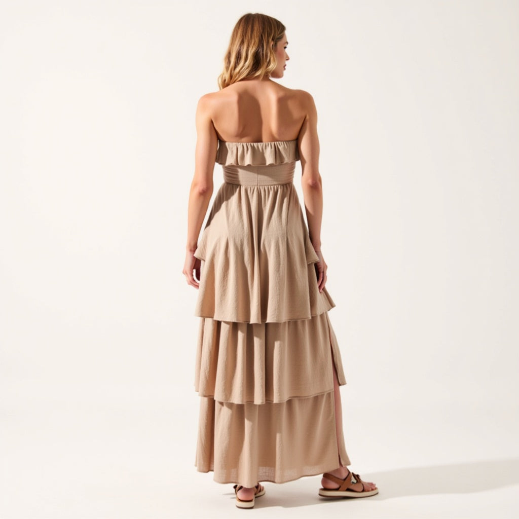 Strapless Tiered Ruffle Maxi Dress with High Slit