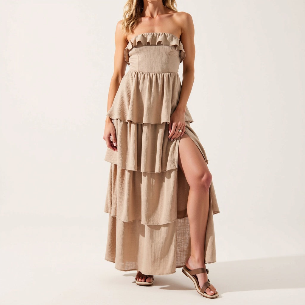 Strapless Tiered Ruffle Maxi Dress with High Slit