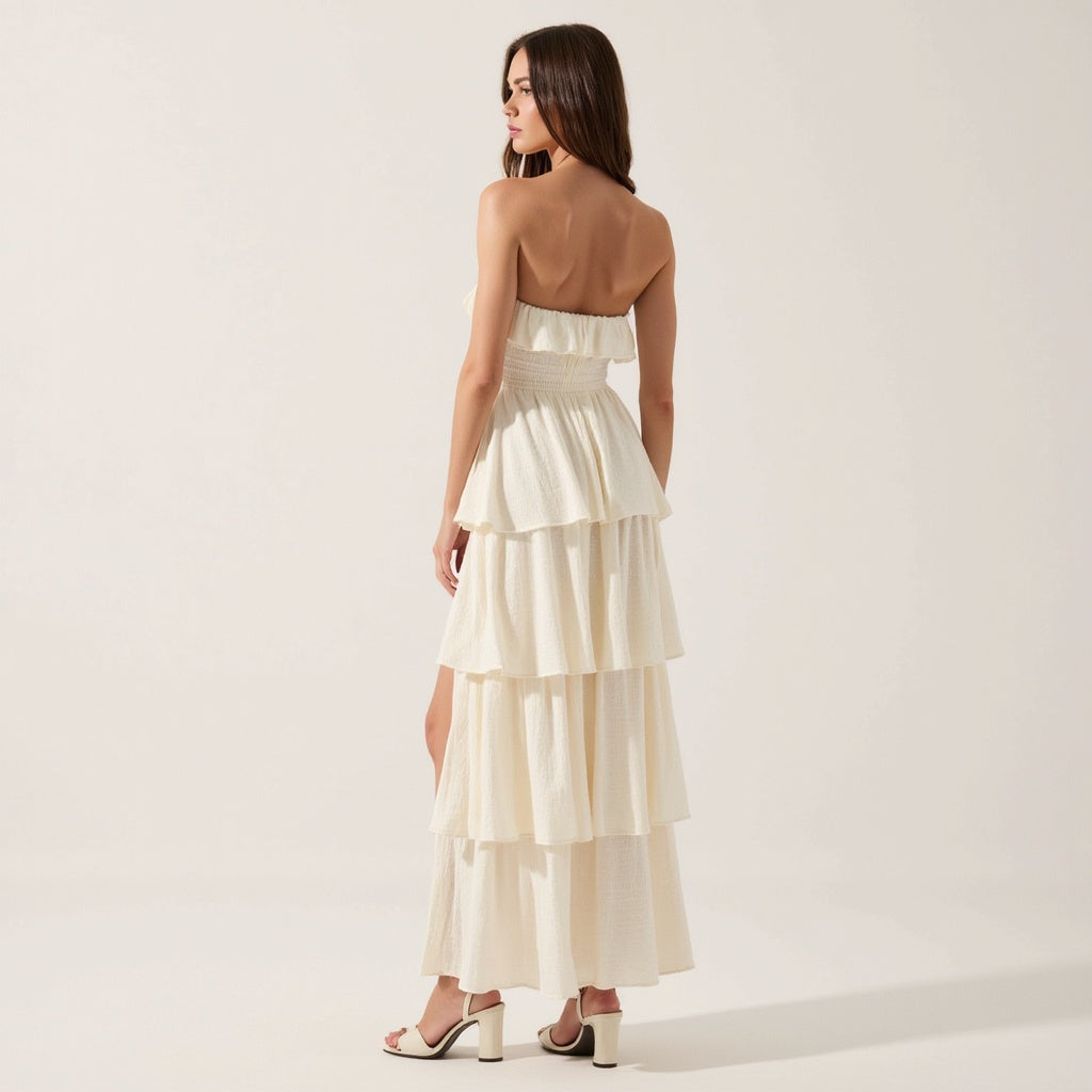 Strapless Tiered Ruffle Maxi Dress with High Slit
