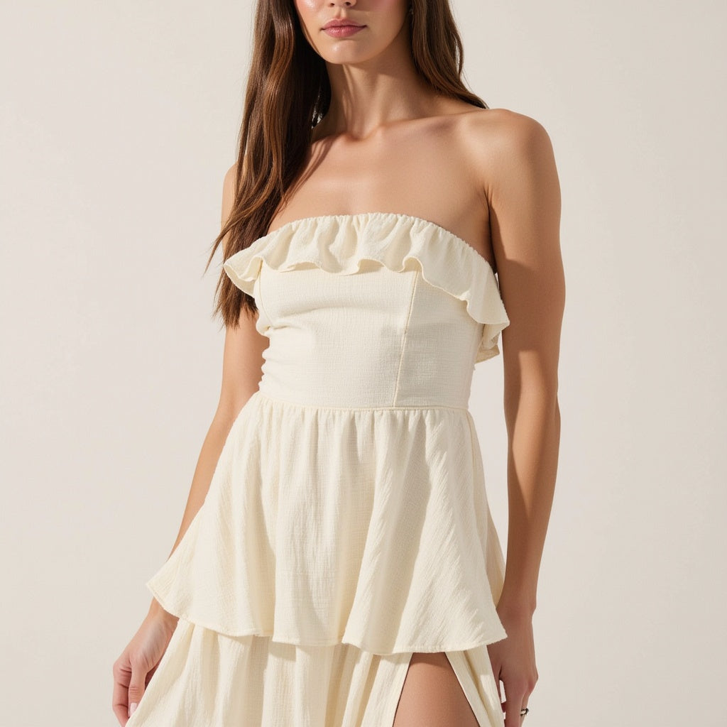 Strapless Tiered Ruffle Maxi Dress with High Slit