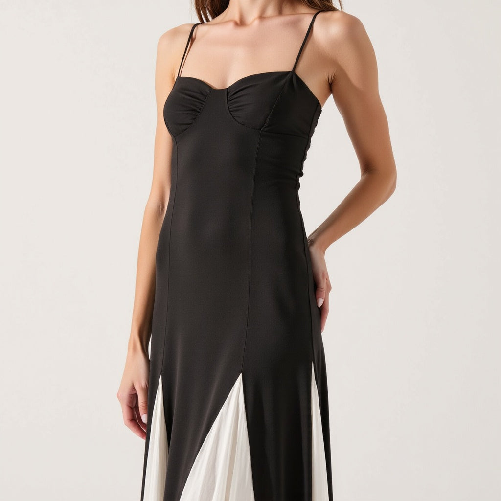 Spaghetti Strap Bustier Maxi Dress with Pleated Contrast Panels