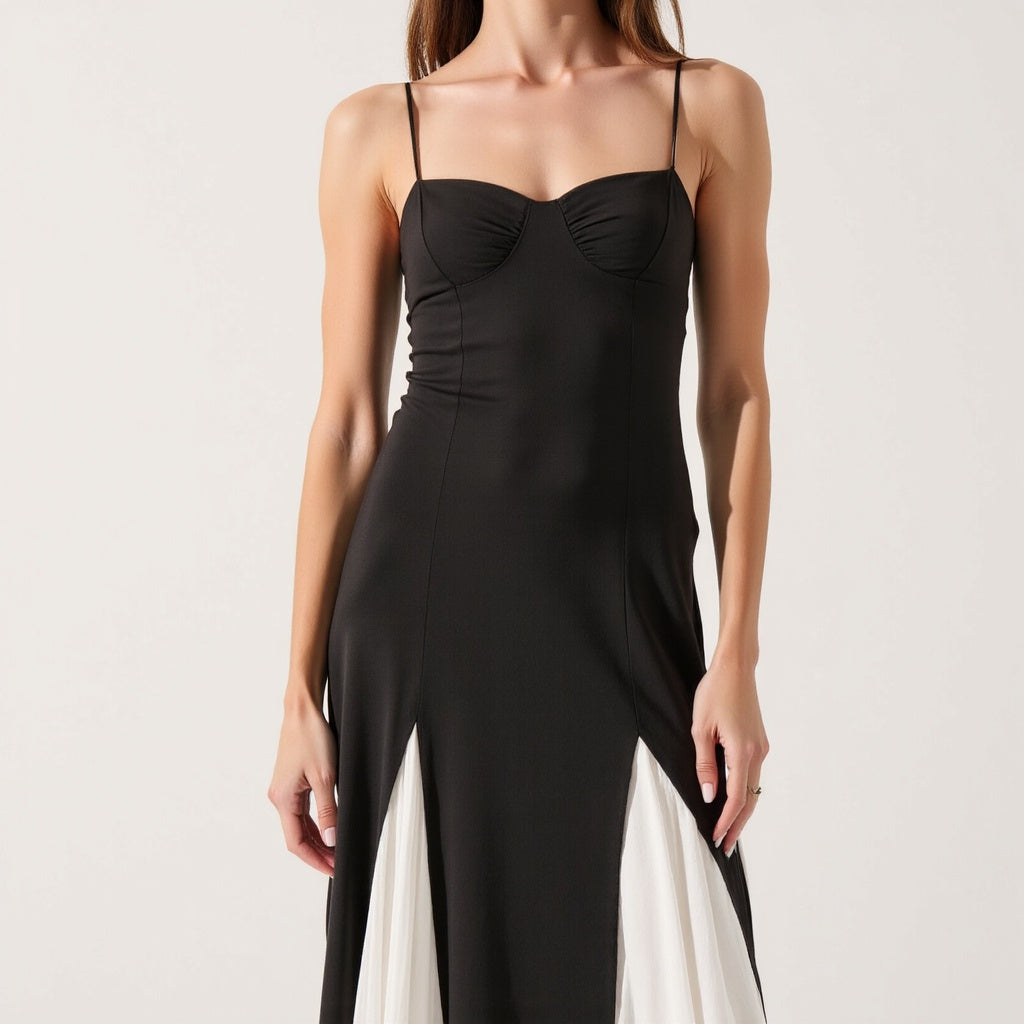 Spaghetti Strap Bustier Maxi Dress with Pleated Contrast Panels