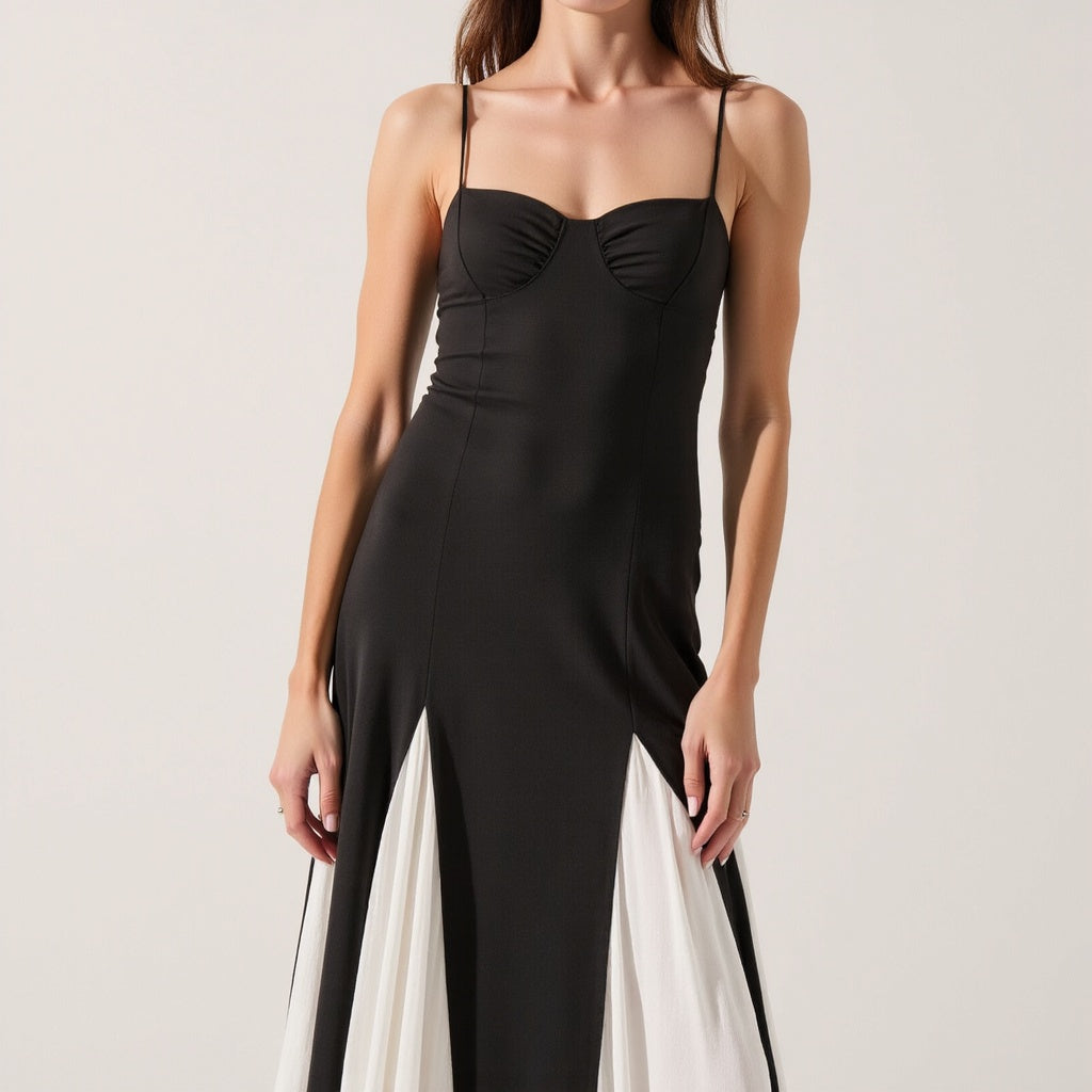 Spaghetti Strap Bustier Maxi Dress with Pleated Contrast Panels