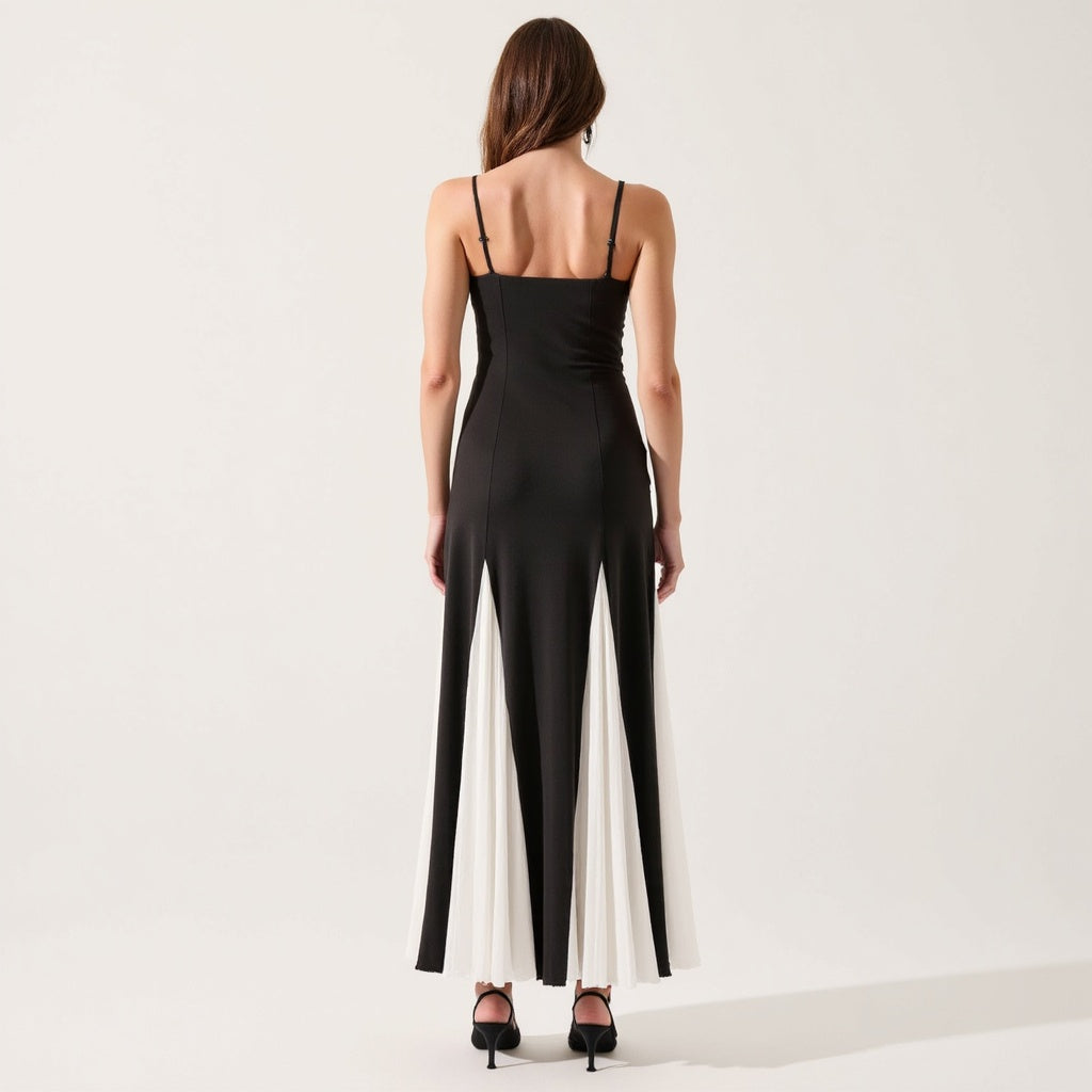Spaghetti Strap Bustier Maxi Dress with Pleated Contrast Panels