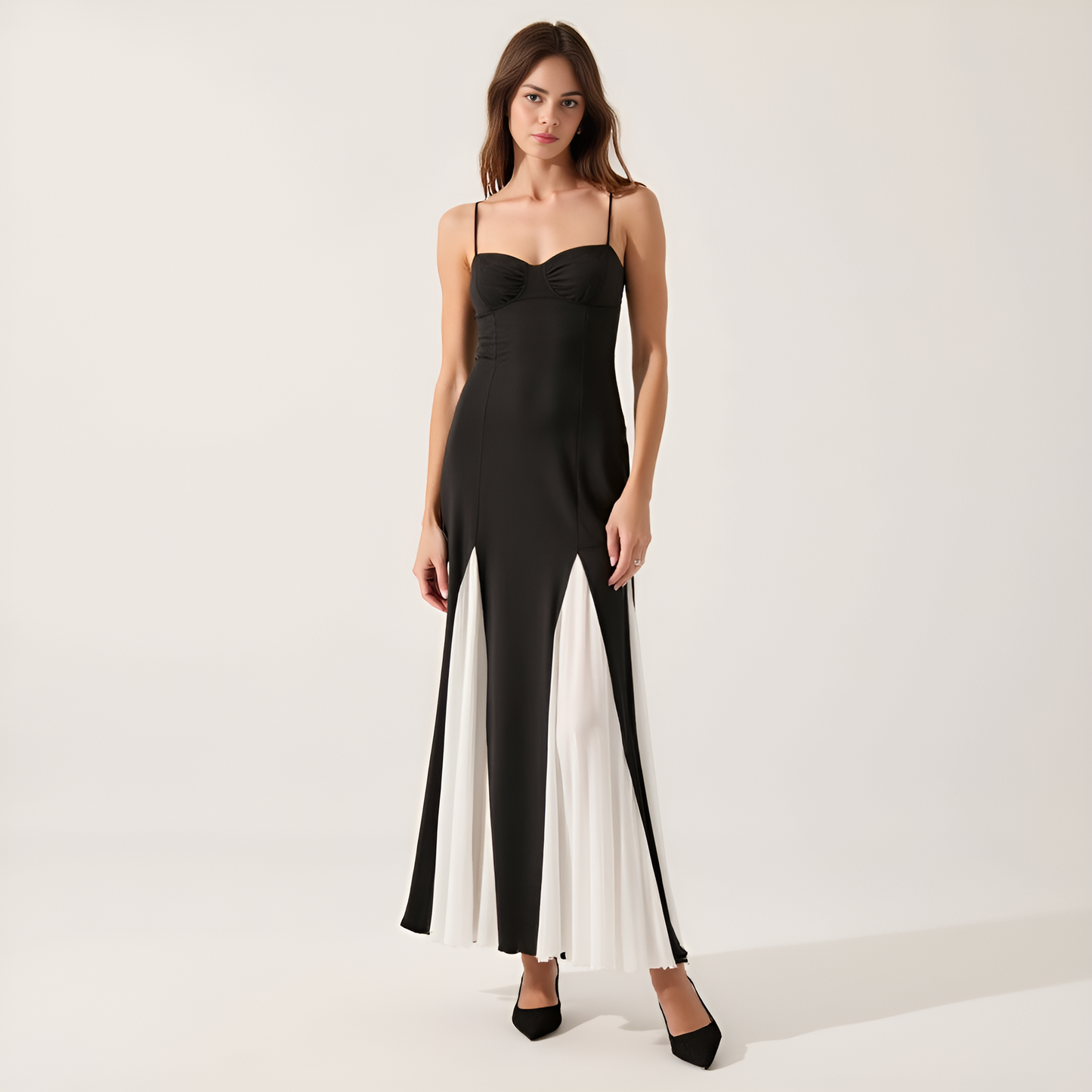 Spaghetti Strap Bustier Maxi Dress with Pleated Contrast Panels