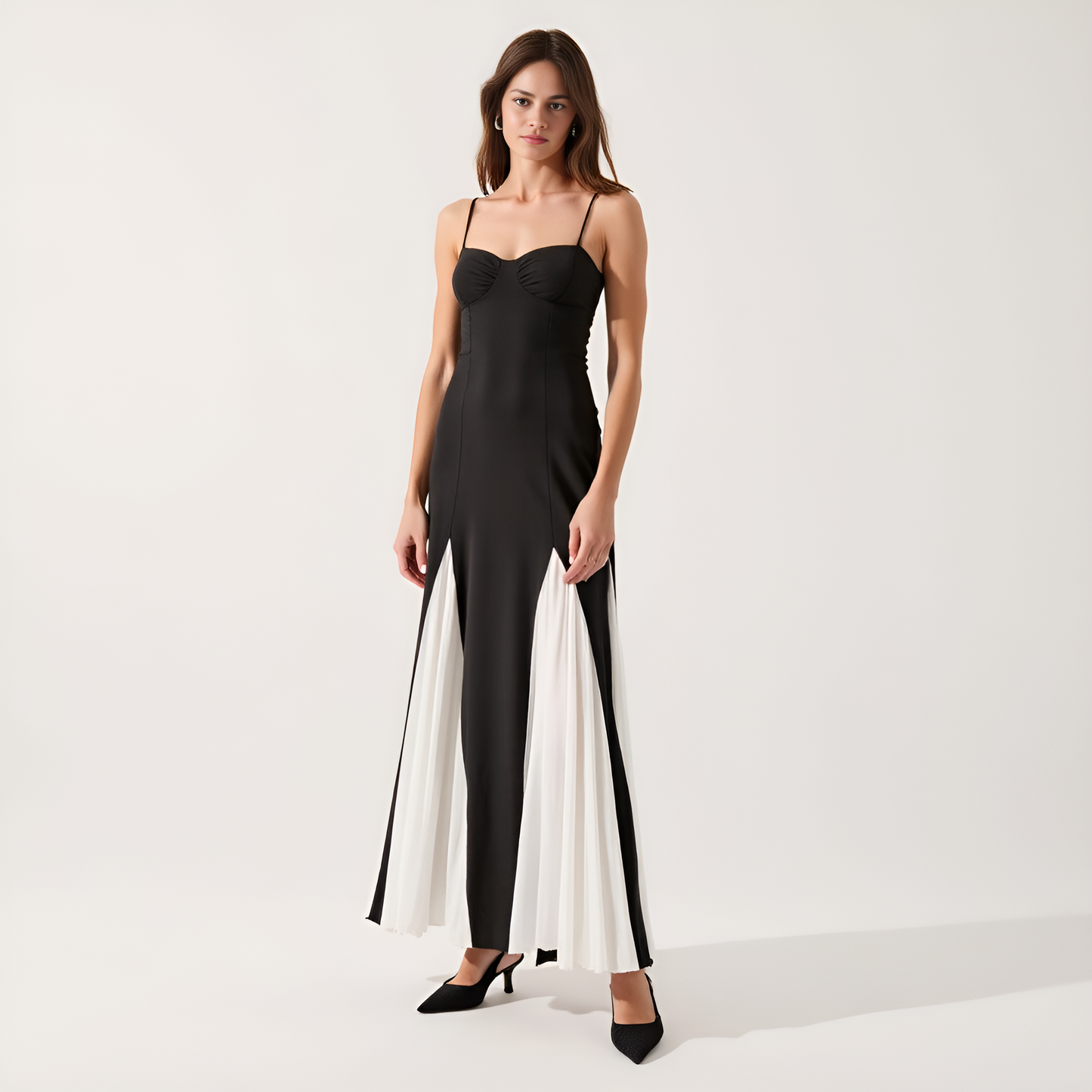 Spaghetti Strap Bustier Maxi Dress with Pleated Contrast Panels
