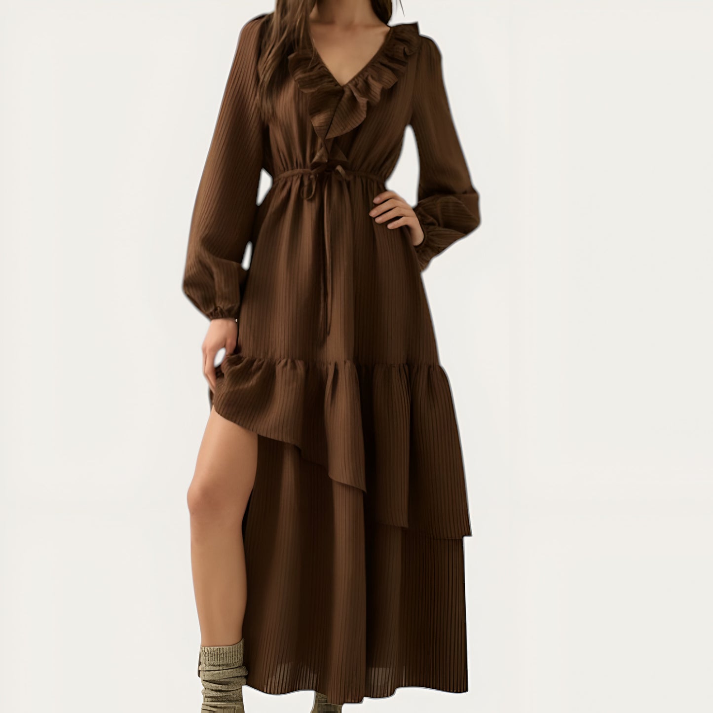 Textured Stripe Maxi Dress with V-Neck Flounce Ruffle, Bubble Sleeves and Side Slit