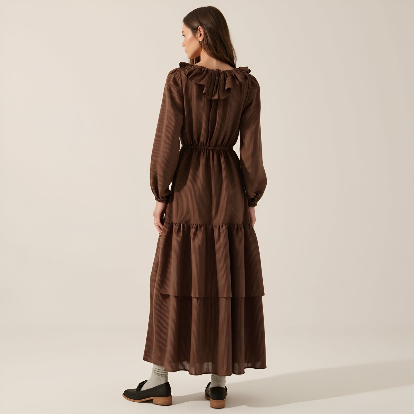 Textured Stripe Maxi Dress with V-Neck Flounce Ruffle, Bubble Sleeves and Side Slit