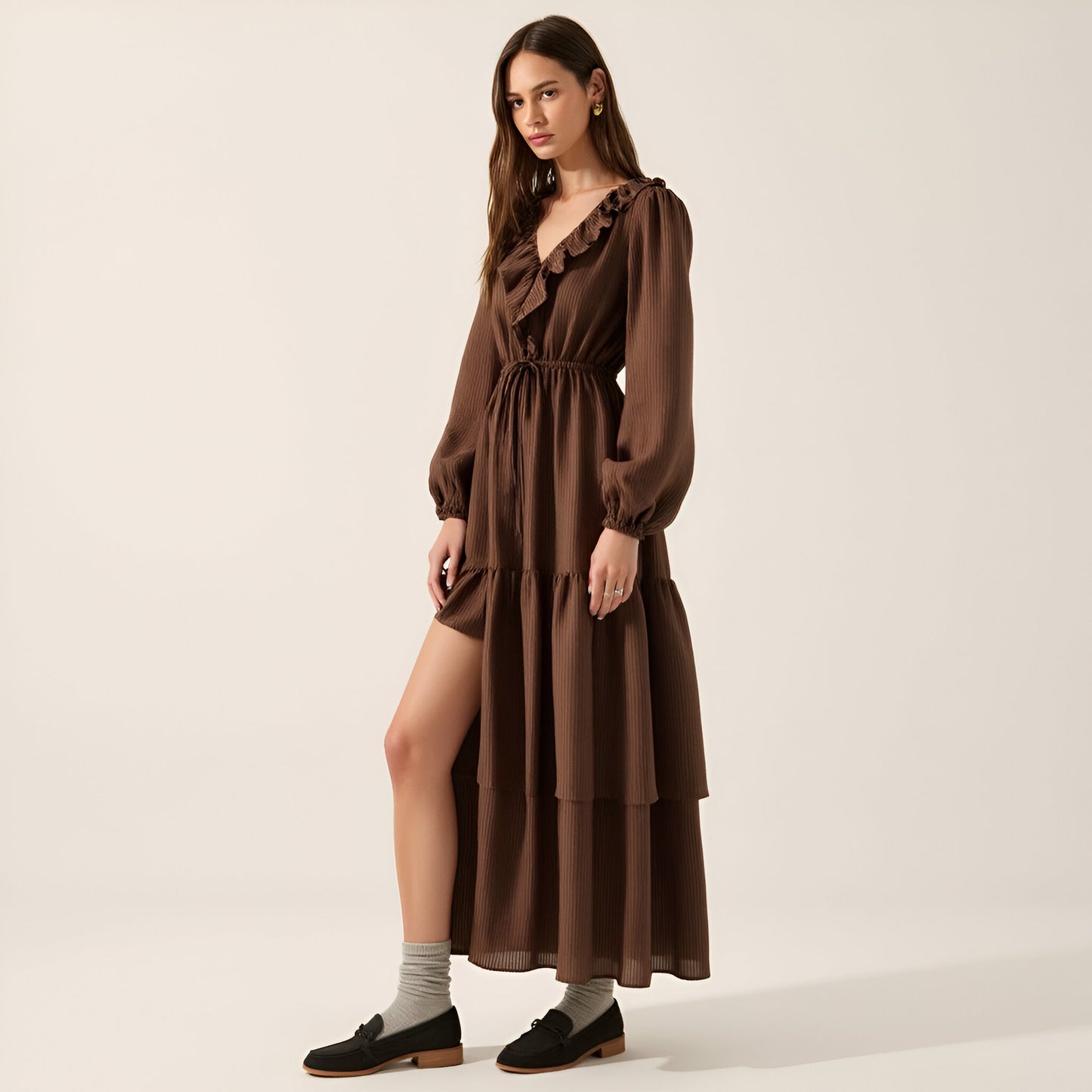Textured Stripe Maxi Dress with V-Neck Flounce Ruffle, Bubble Sleeves and Side Slit
