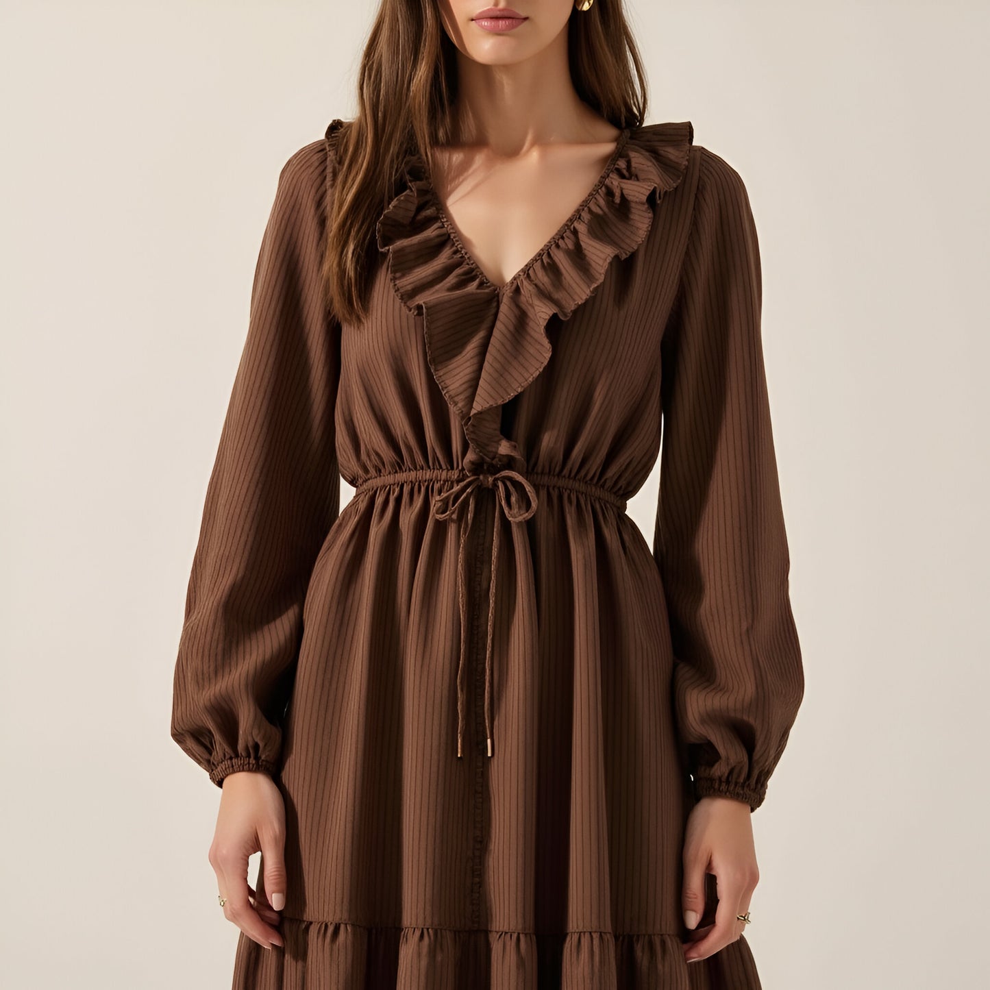 Textured Stripe Maxi Dress with V-Neck Flounce Ruffle, Bubble Sleeves and Side Slit