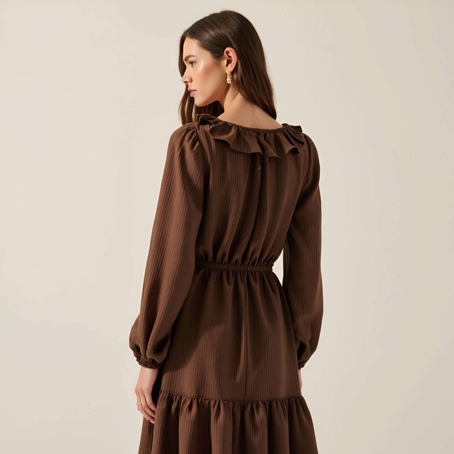 Textured Stripe Maxi Dress with V-Neck Flounce Ruffle, Bubble Sleeves and Side Slit