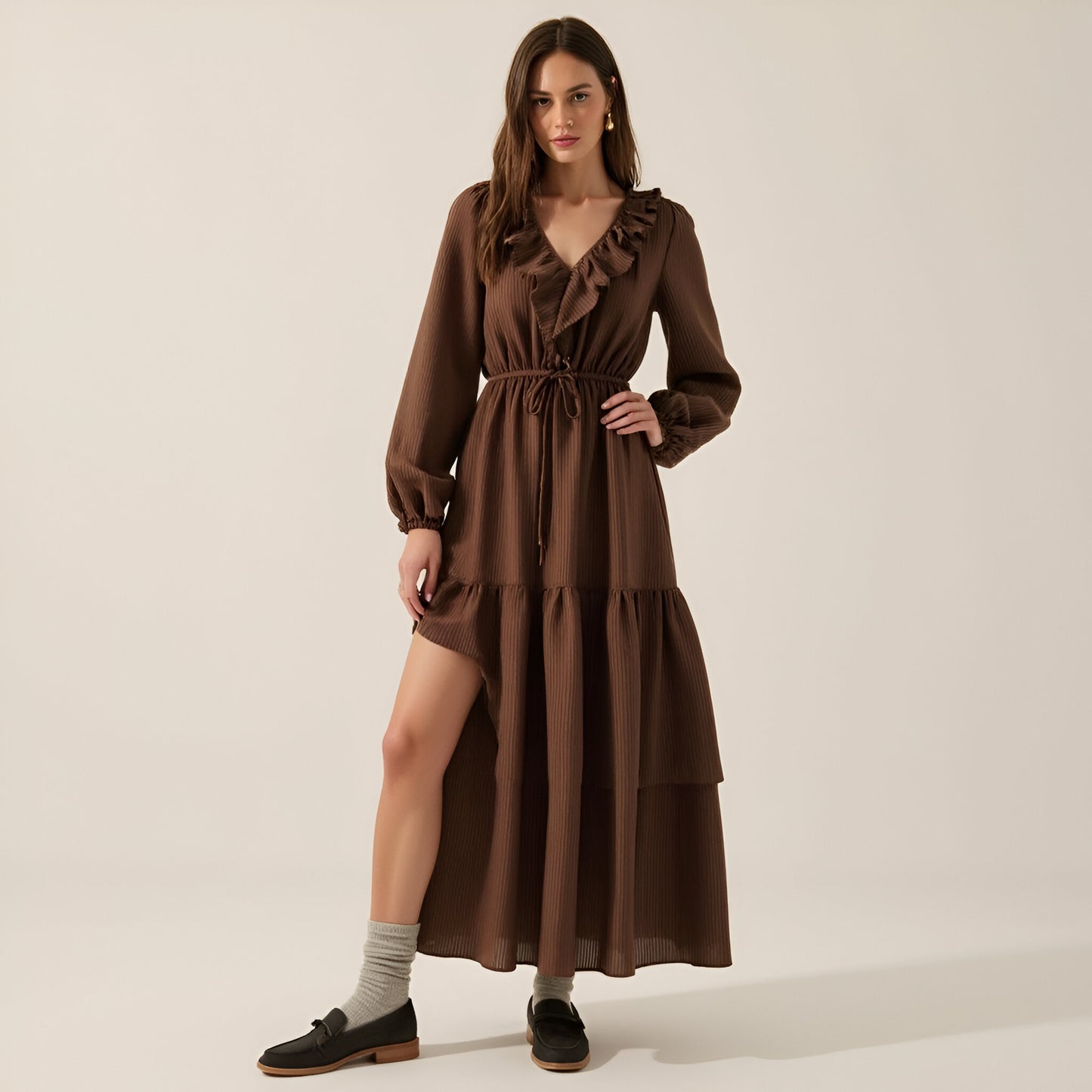 Textured Stripe Maxi Dress with V-Neck Flounce Ruffle, Bubble Sleeves and Side Slit