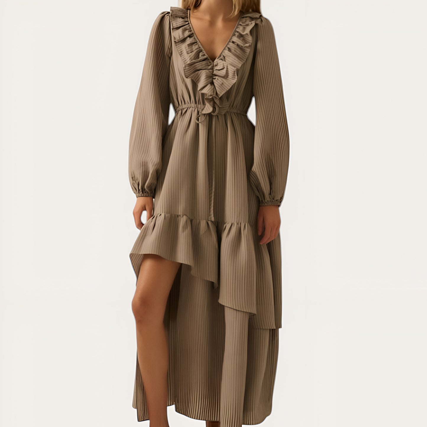 Textured Stripe Maxi Dress with V-Neck Flounce Ruffle, Bubble Sleeves and Side Slit