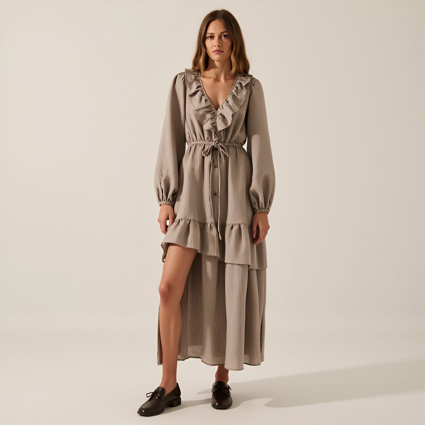 Textured Stripe Maxi Dress with V-Neck Flounce Ruffle, Bubble Sleeves and Side Slit