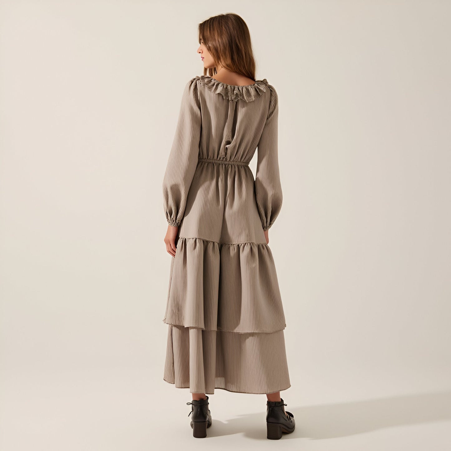 Textured Stripe Maxi Dress with V-Neck Flounce Ruffle, Bubble Sleeves and Side Slit
