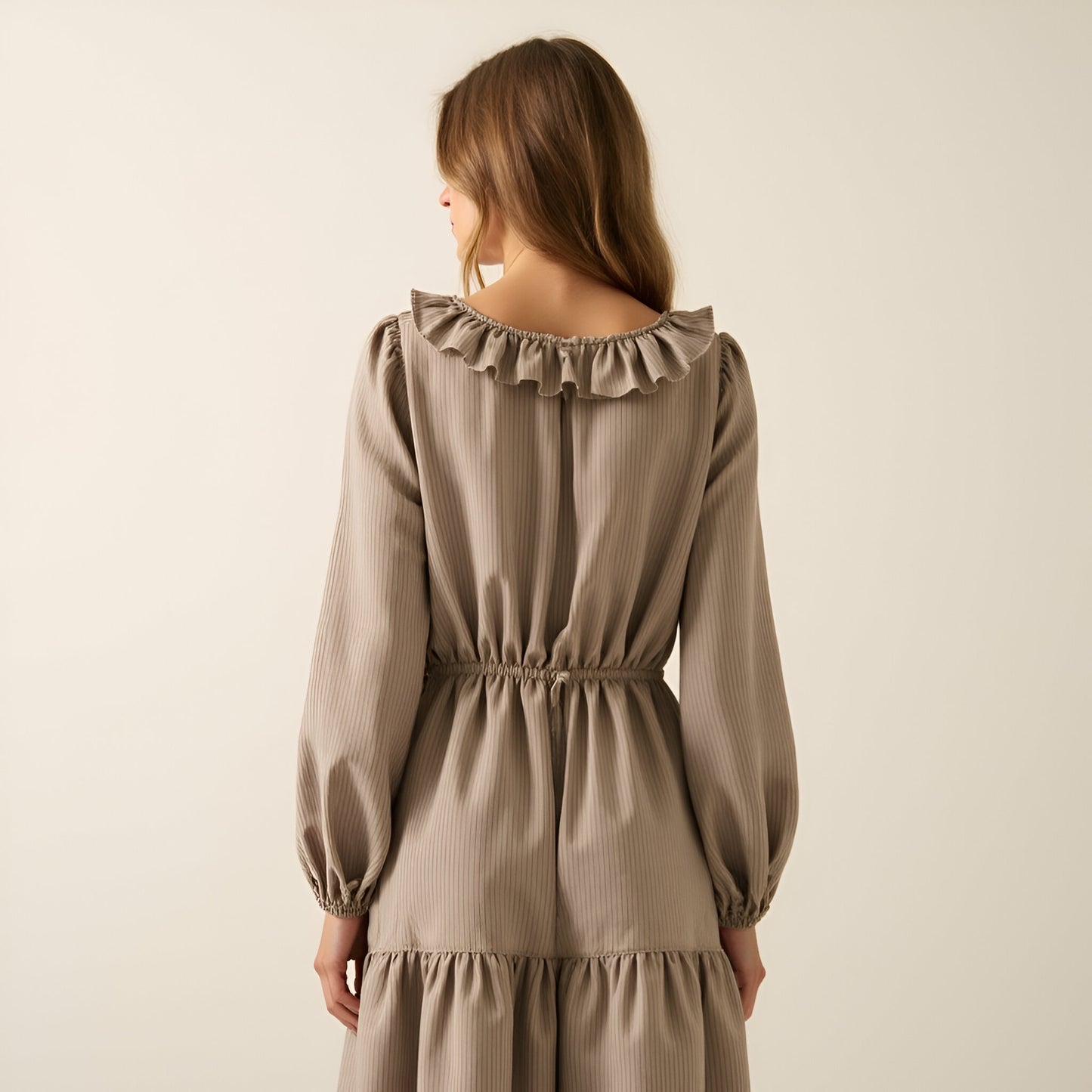 Textured Stripe Maxi Dress with V-Neck Flounce Ruffle, Bubble Sleeves and Side Slit