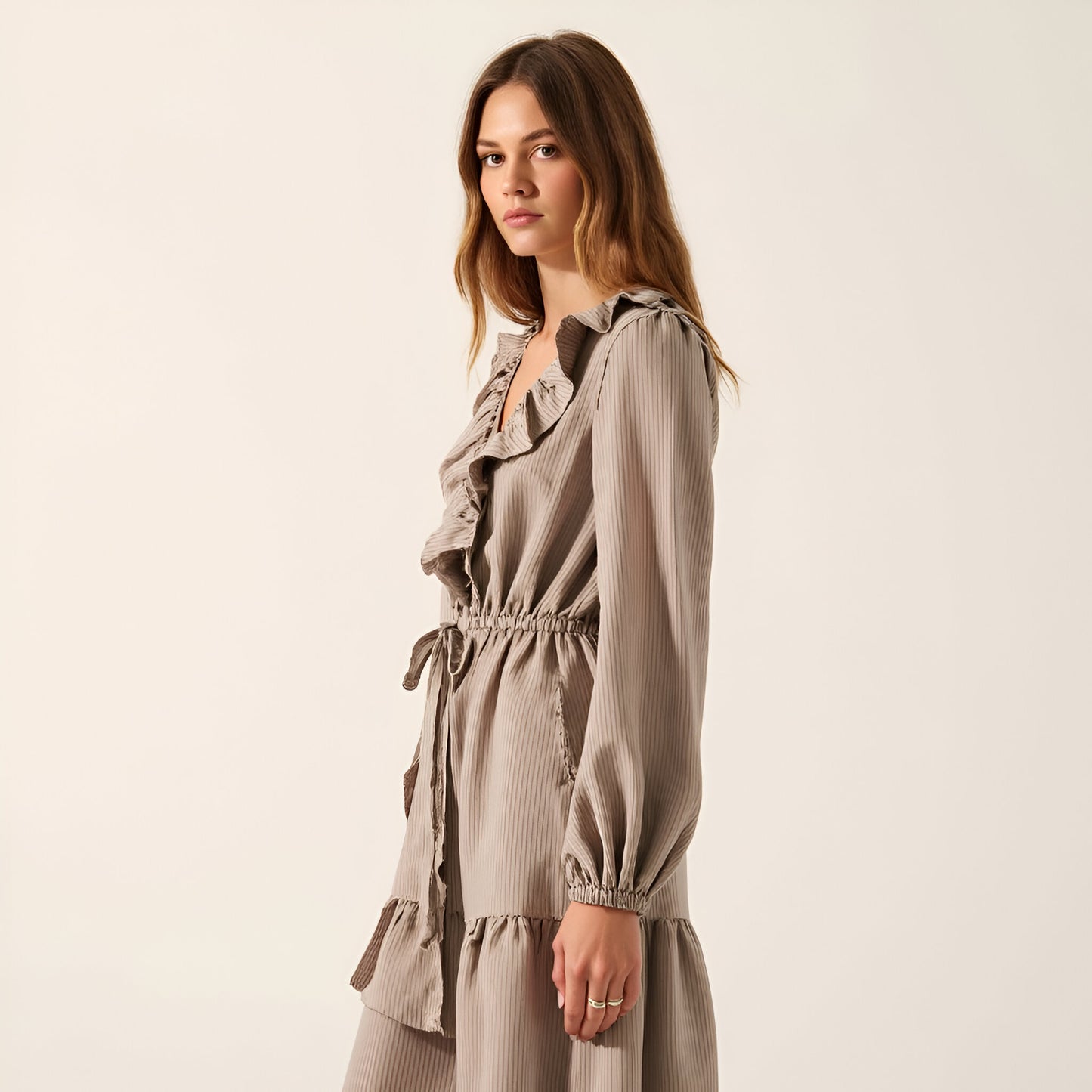 Textured Stripe Maxi Dress with V-Neck Flounce Ruffle, Bubble Sleeves and Side Slit